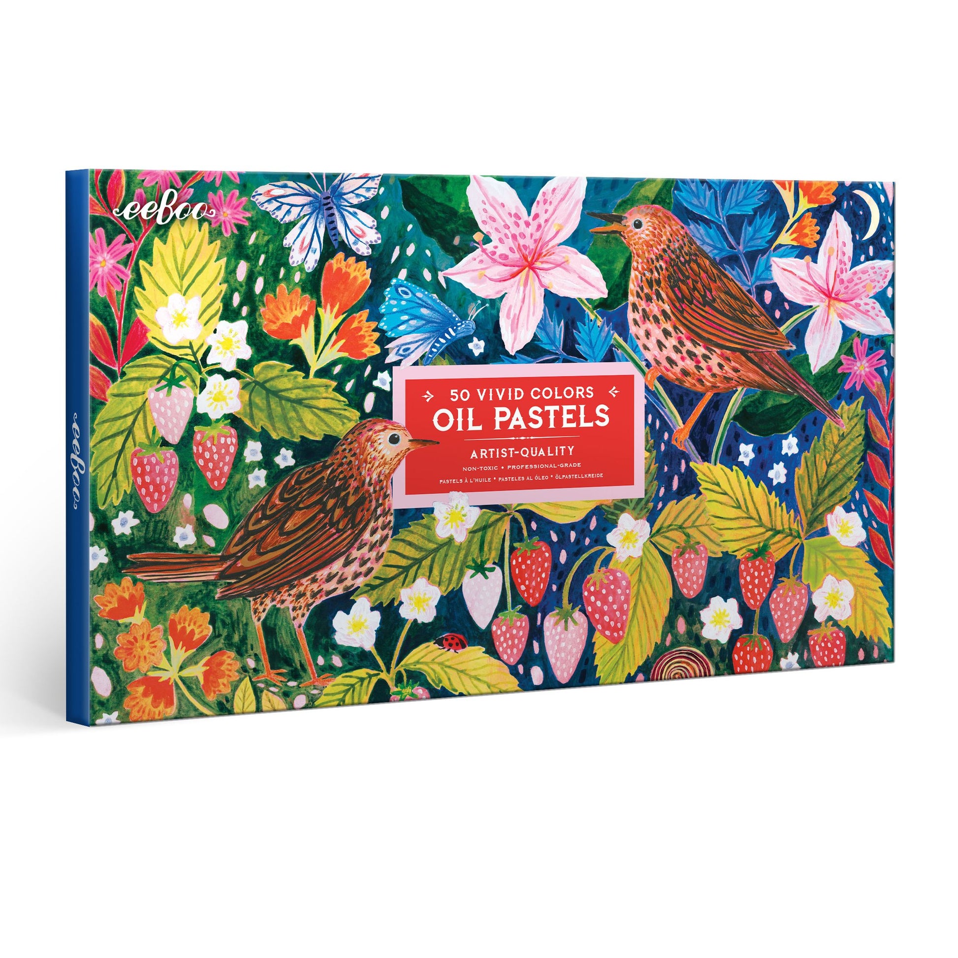Box of oil pastels with a colorful floral and bird design. Strawberry Peeps 50 Oil Pastels by eeBoo | Unique Beautiful Gifts