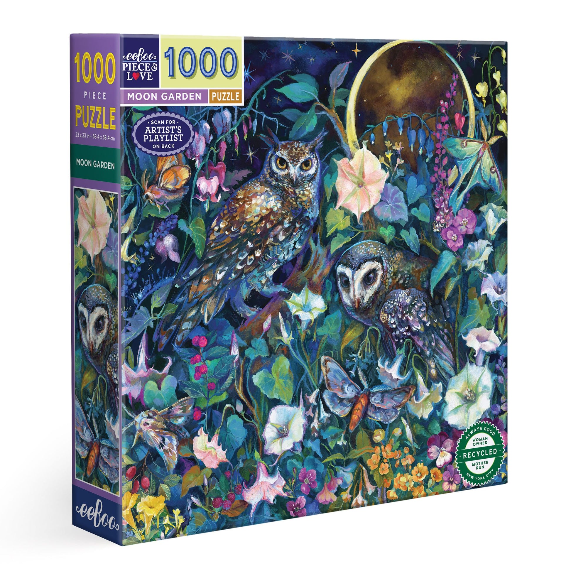 Jigsaw puzzle box with owls and flowers on a colorful background. Moon Garden 1000 Piece Puzzle by eeBoo | Unique Beautiful Gifts