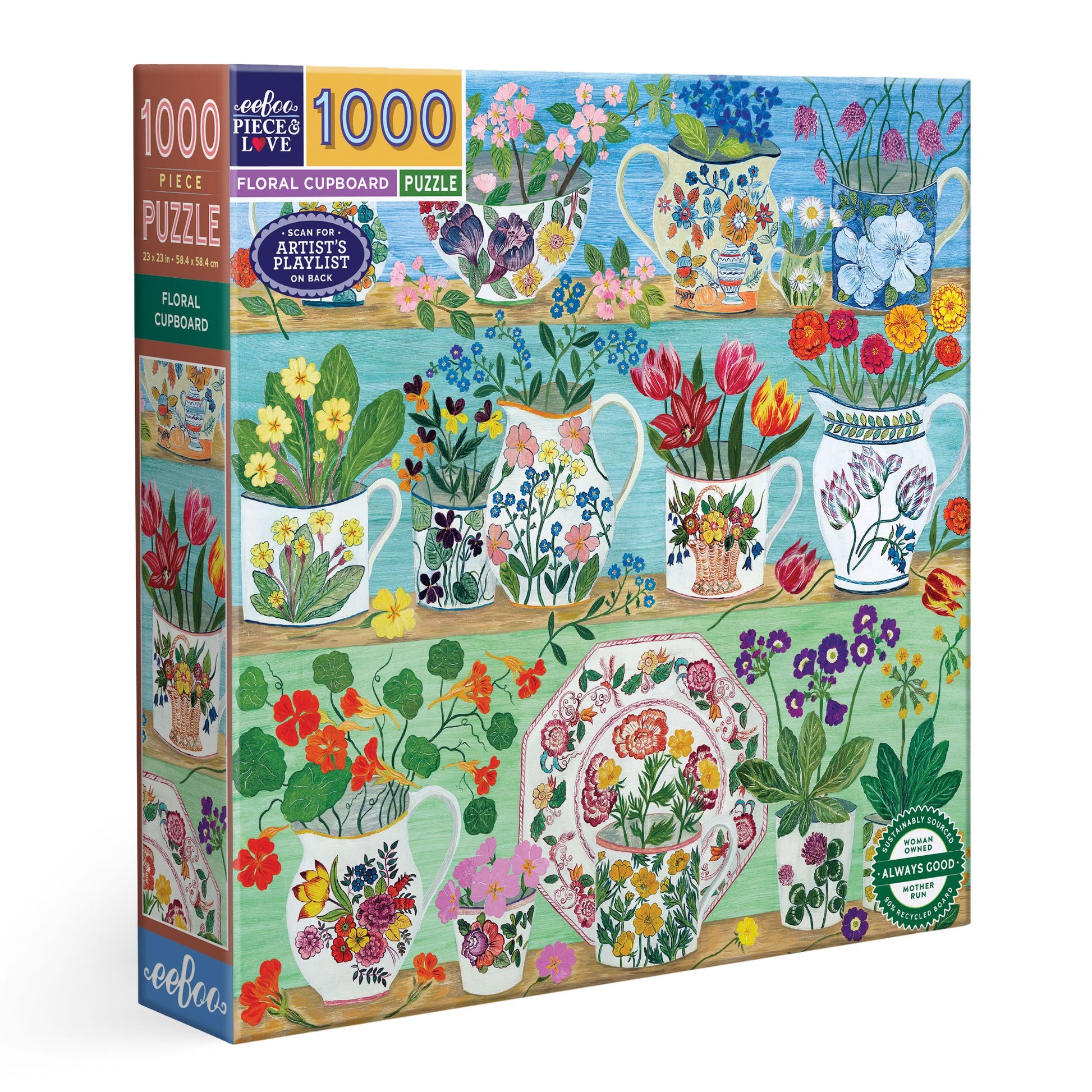 Floral-themed puzzle box with colorful illustrations of flowers and teapots. Floral Cupboard 1000 Piece Puzzle by eeBoo | Unique Beautiful Gifts