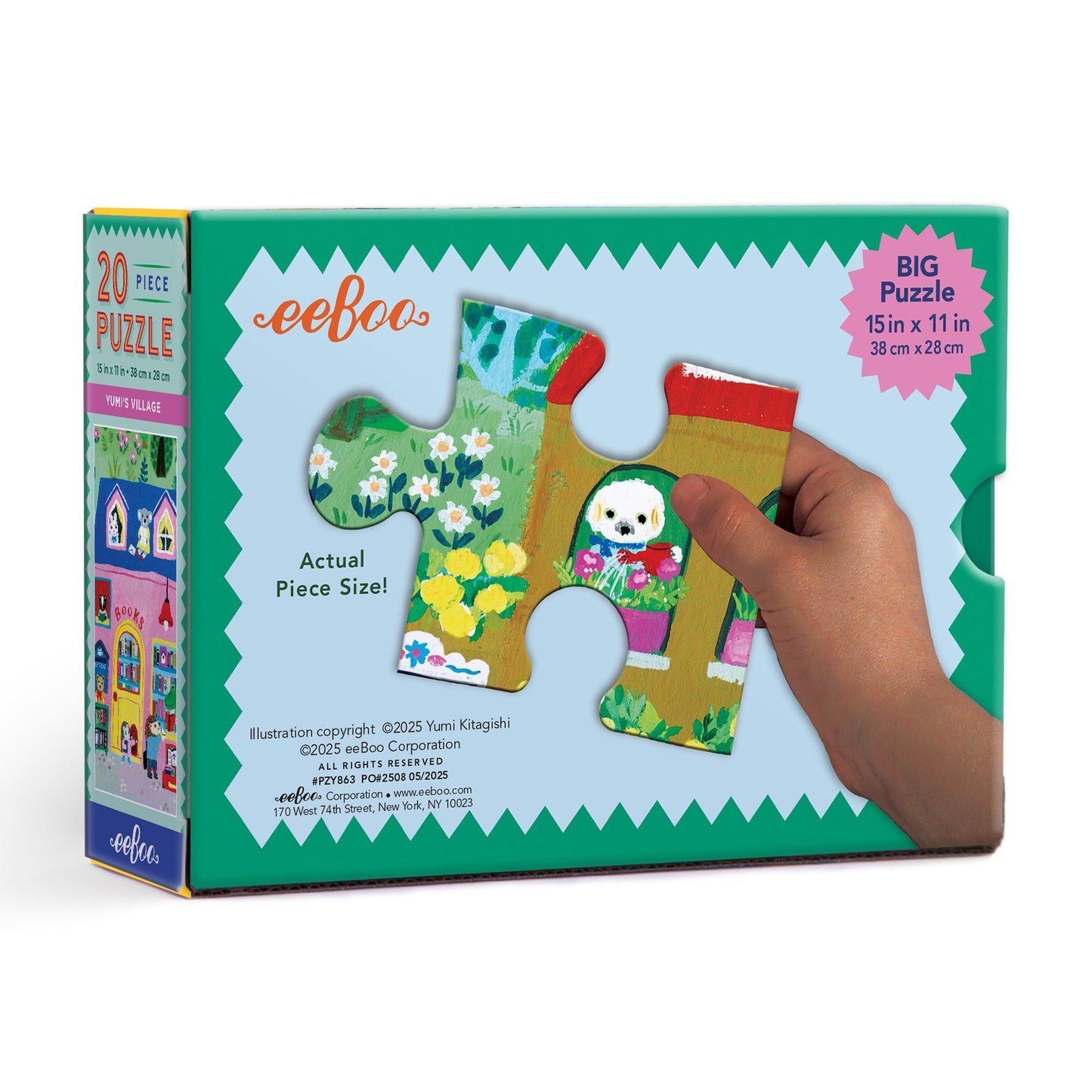 eeBoo puzzle box with a child's hand holding a piece. Yumi's Village 20 Piece Puzzle by eeBoo | Unique Fun Gifts