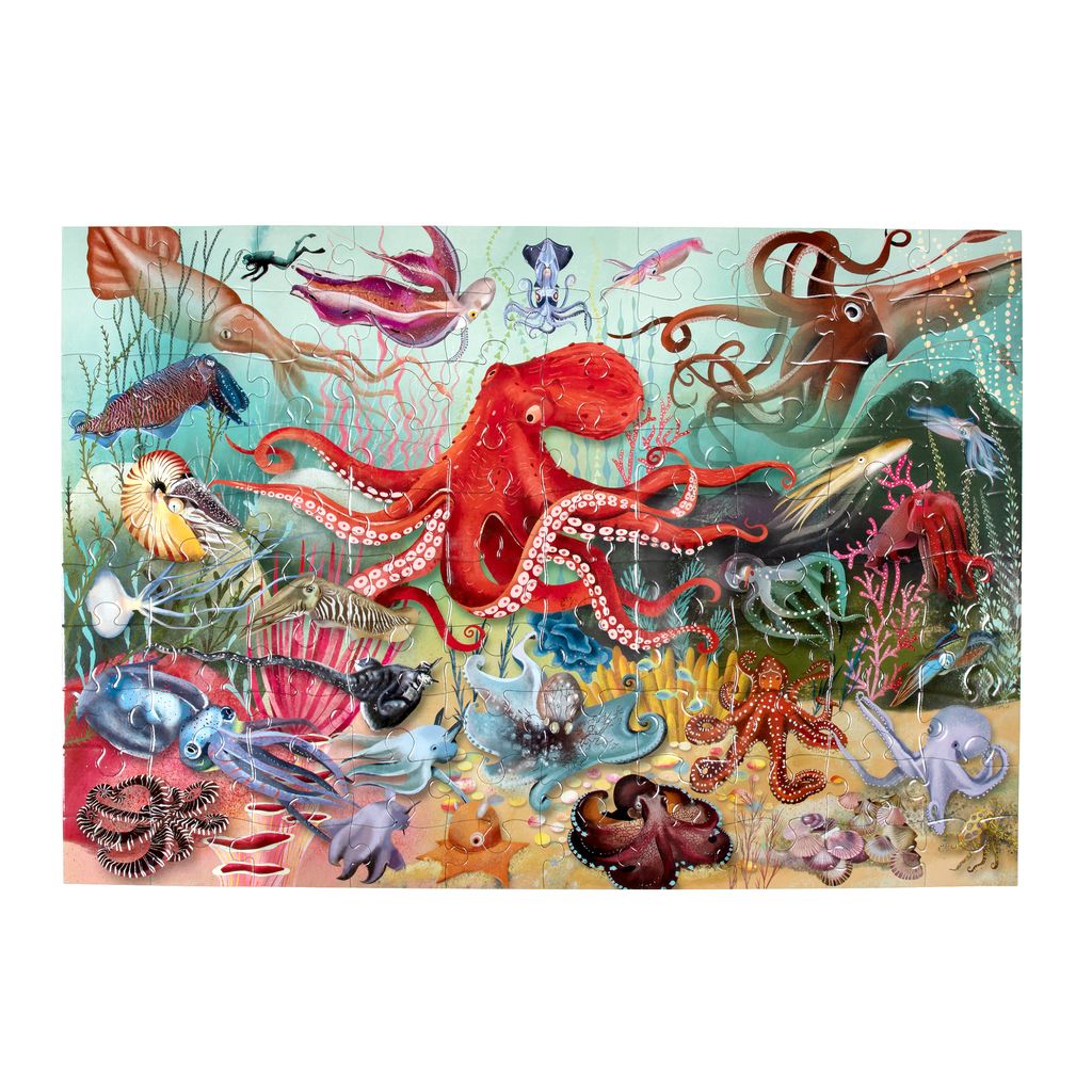 Illustration of various sea creatures including an octopus on a colorful underwater background.