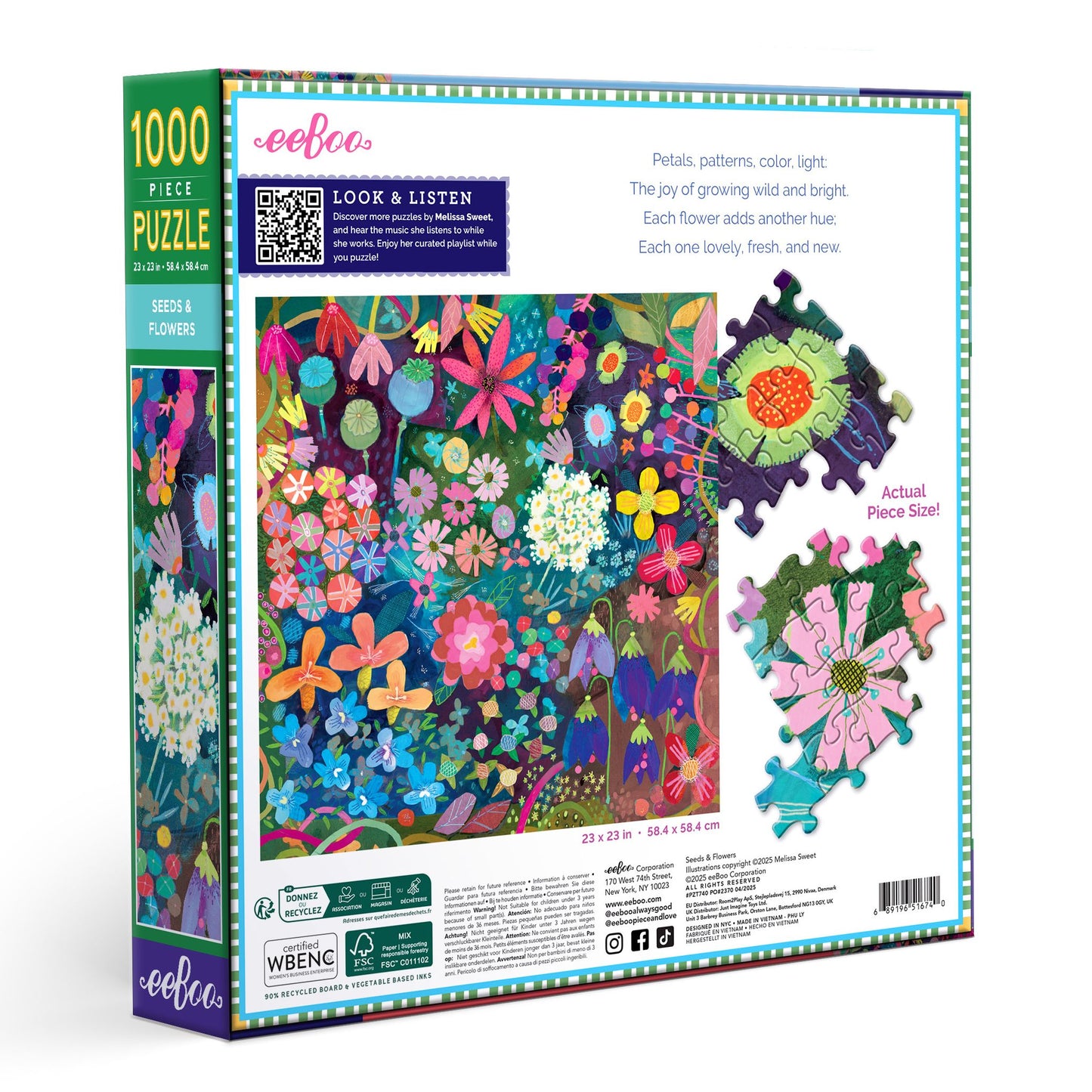 Eeboo 1000-piece puzzle box with colorful floral design. Seeds & Flowers 1000 Piece Puzzle by eeBoo | Unique Beautiful Gifts