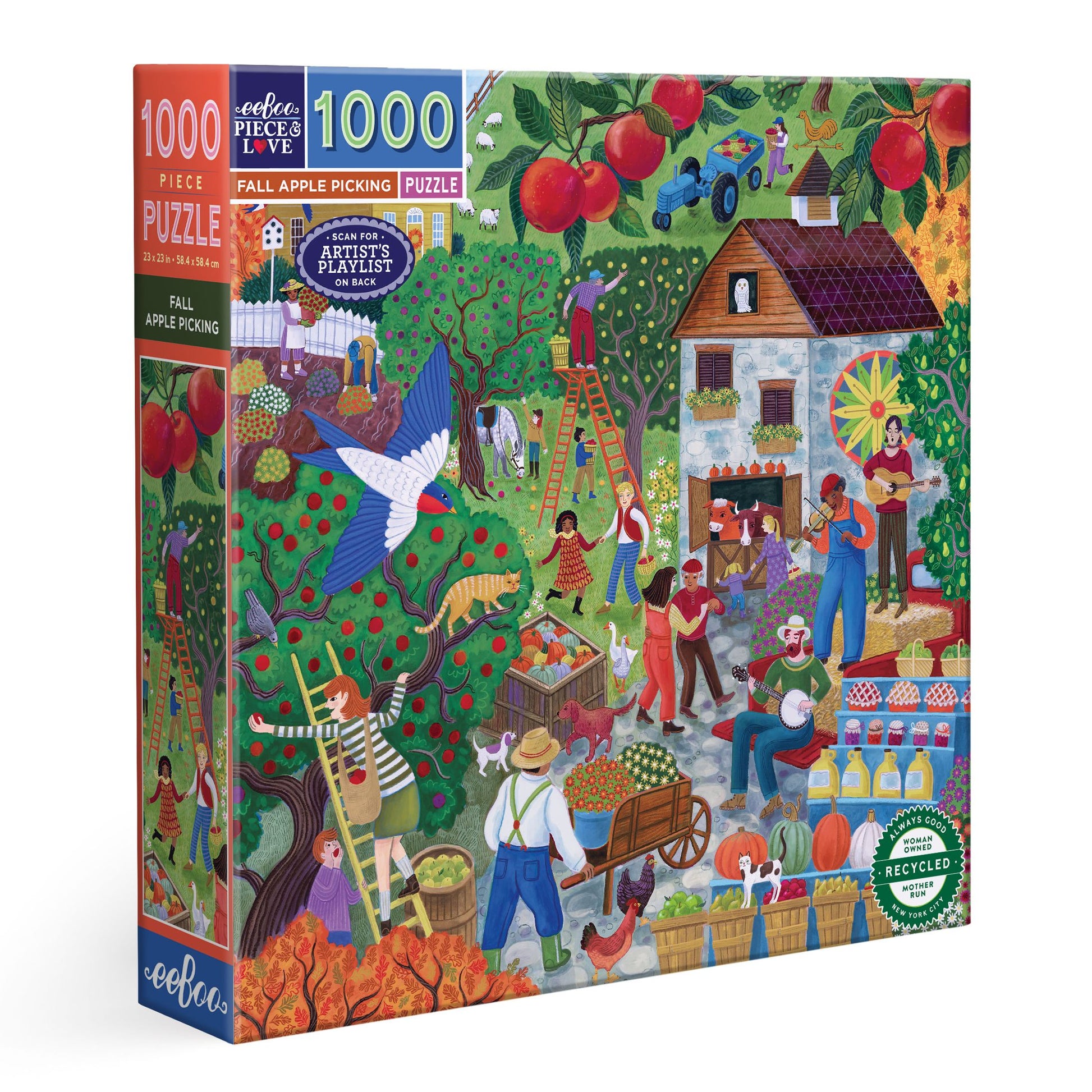 Jigsaw puzzle box with a colorful illustration of people at an apple orchard and market. fall-apple-picking-1000-piece-puzzle