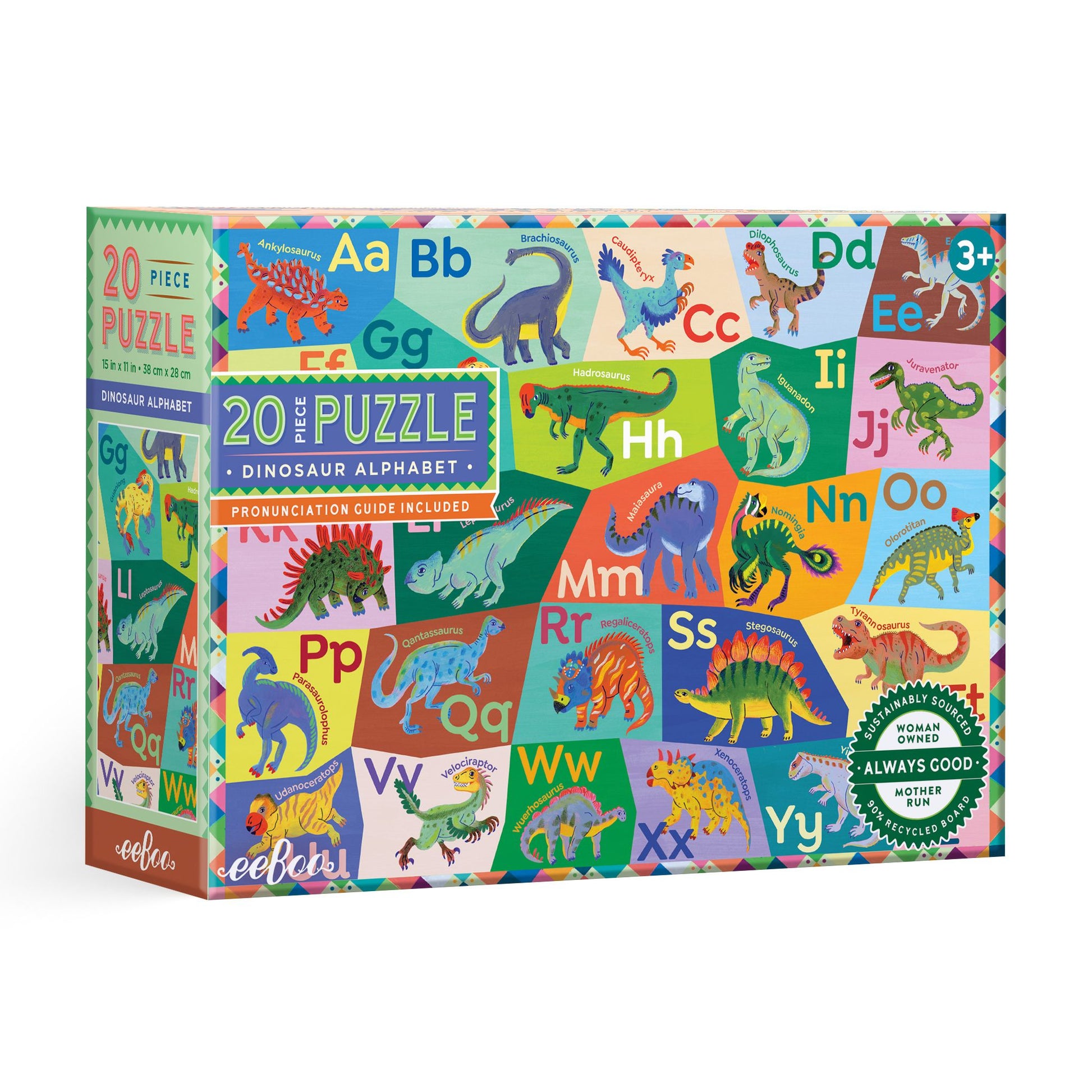 Children's puzzle with dinosaur illustrations and alphabet letters on a colorful background. Dinosaur Alphabet 20 Piece Puzzle by eeBoo | Unique Fun Gifts