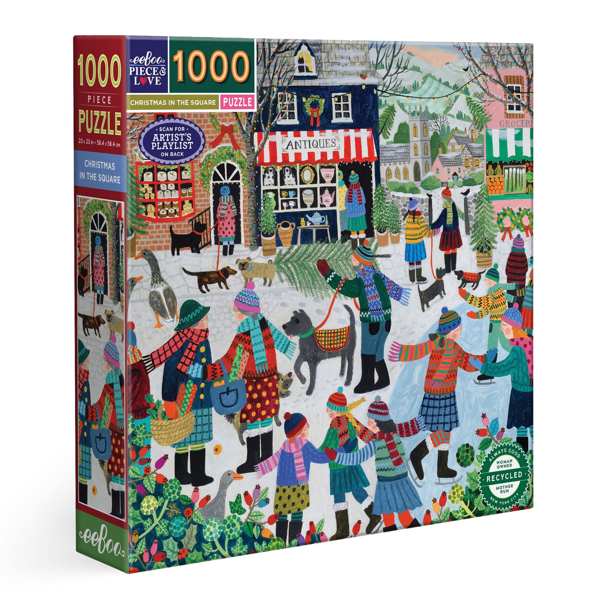 Jigsaw puzzle box with a colorful illustration of a Christmas scene in a town square.