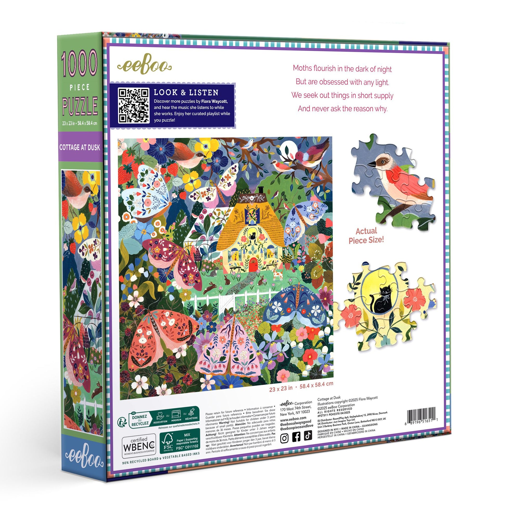 Puzzle box with colorful design featuring a cottage, animals, and nature elements. Cottage at Dusk 1000 Piece Puzzle by eeBoo | Unique Beautiful Gifts
