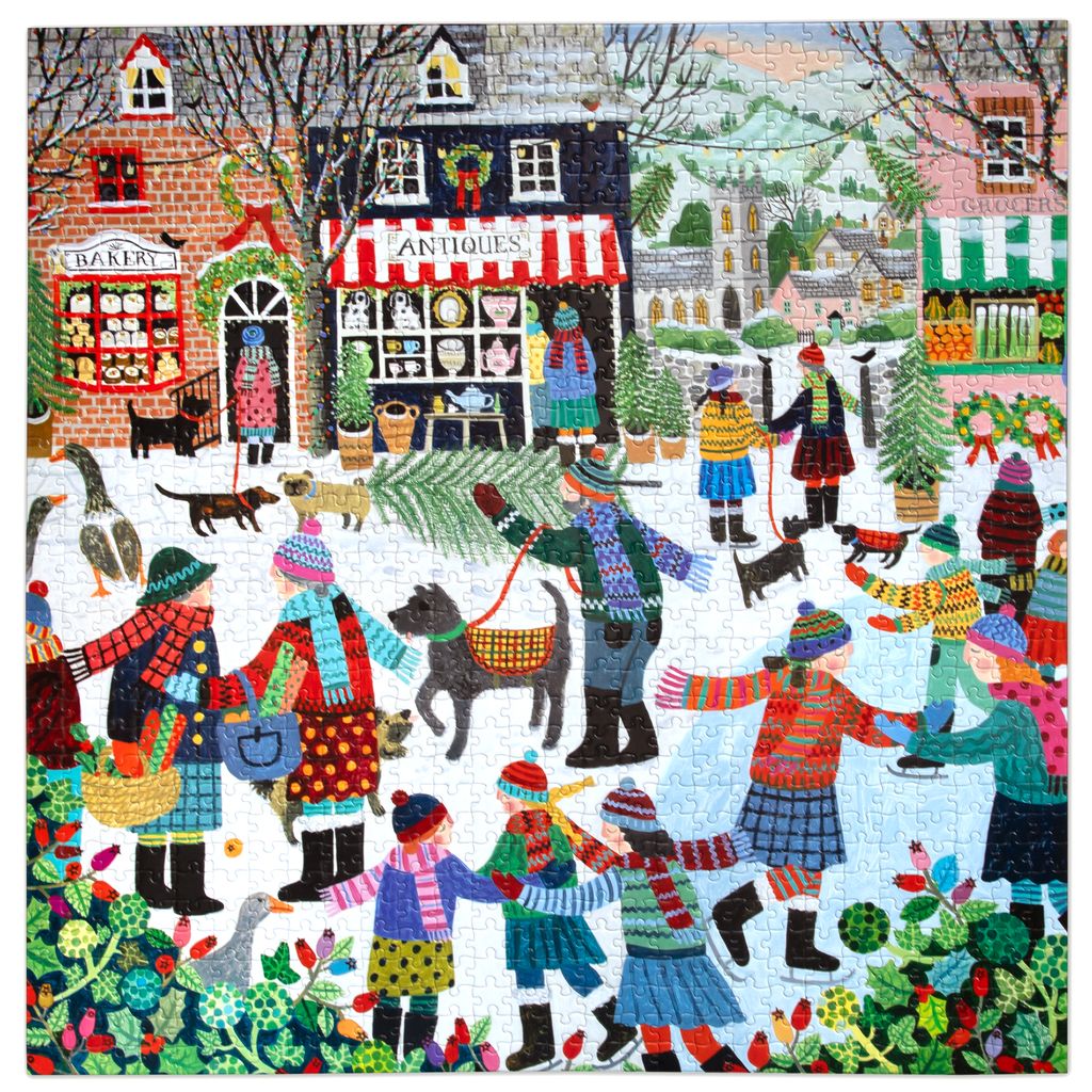 Jigsaw puzzle  with a colorful illustration of a Christmas scene in a town square.