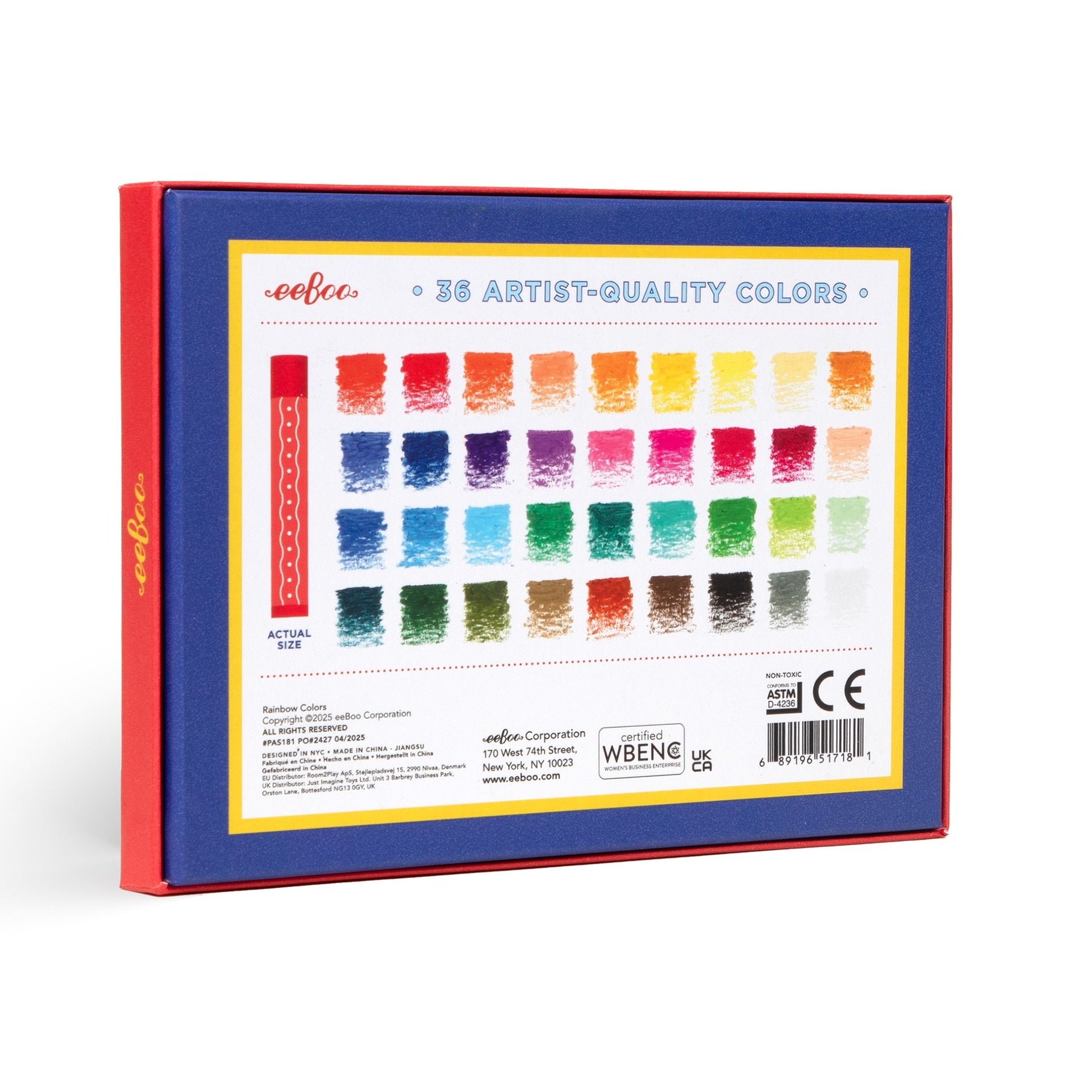 Box of artist-quality watercolor paints with color swatches. Rainbow 36 Oil Pastels by eeBoo | Unique Fun Gifts
