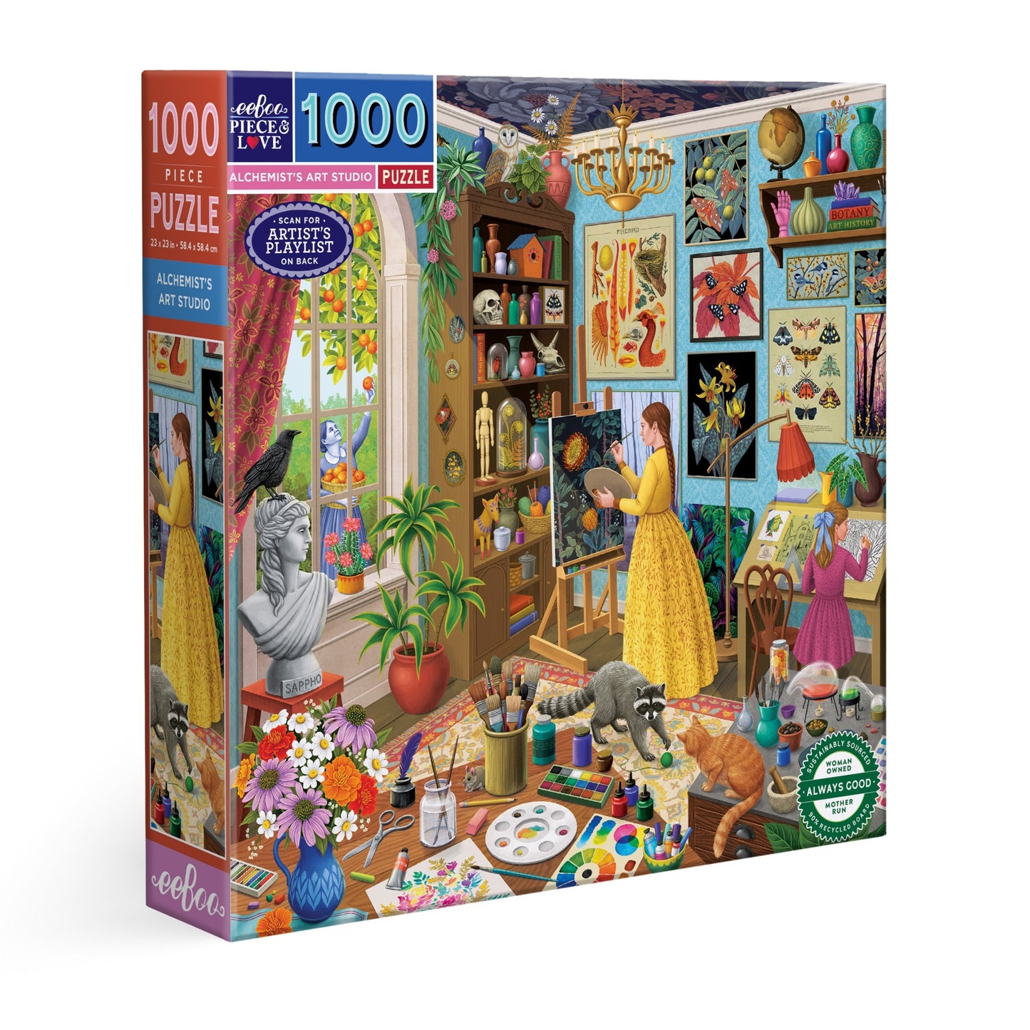Jigsaw puzzle box with an artist's studio illustration by eeBoo.