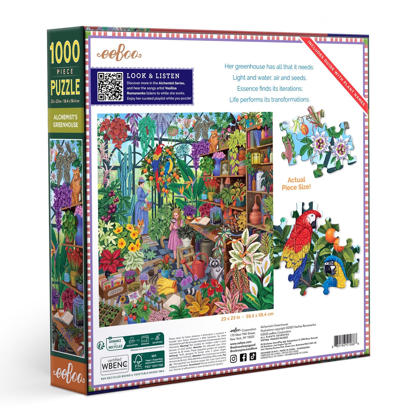 Puzzle box with colorful illustration of a garden scene. Alchemist's Greenhouse 1000 Piece Puzzle by eeBoo | Unique Beautiful Gifts