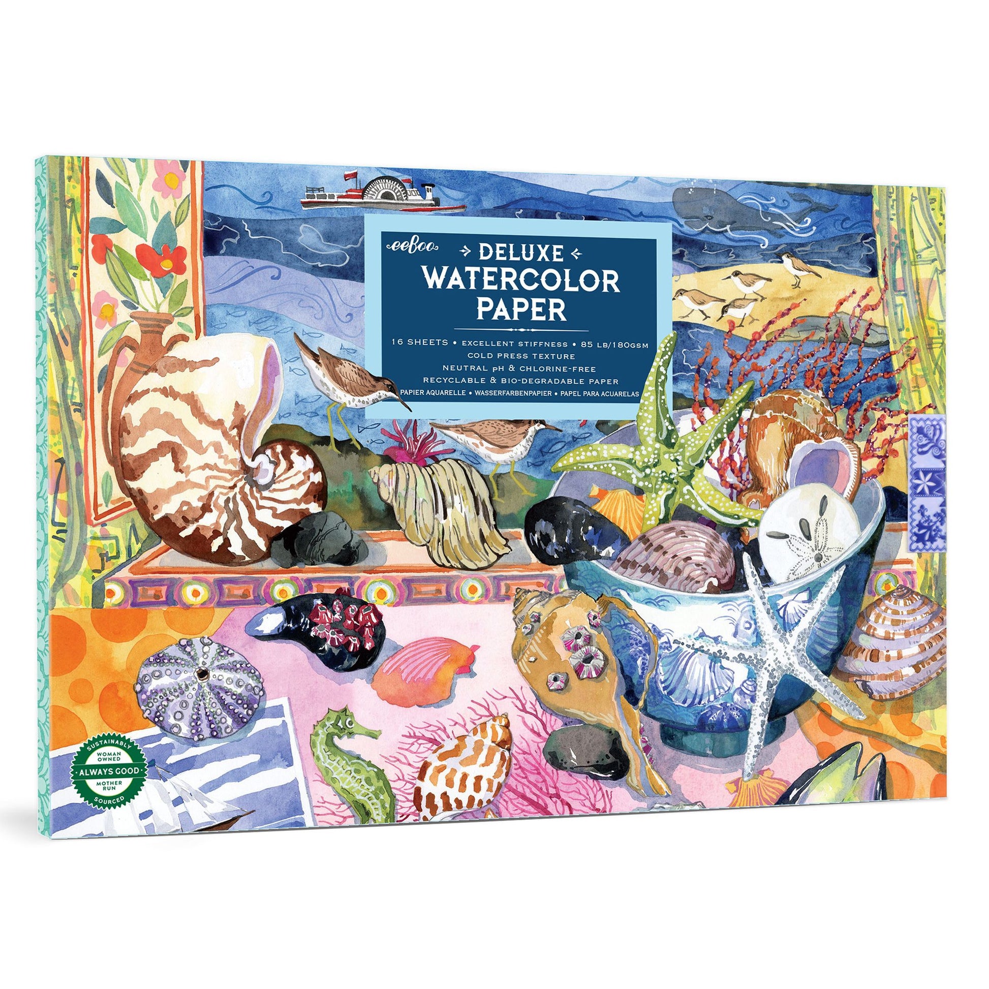 Deluxe Watercolor Paper with ocean-themed design. Seashells Watercolor Pad by eeBoo | Unique Beautiful Gifts