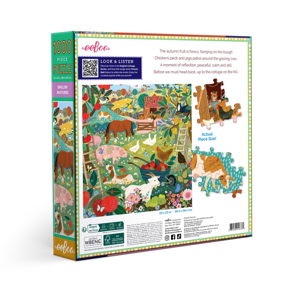 Puzzle box with colorful illustration of animals and nature, featuring eeBoo branding. English Pastures 1000 Piece Puzzle