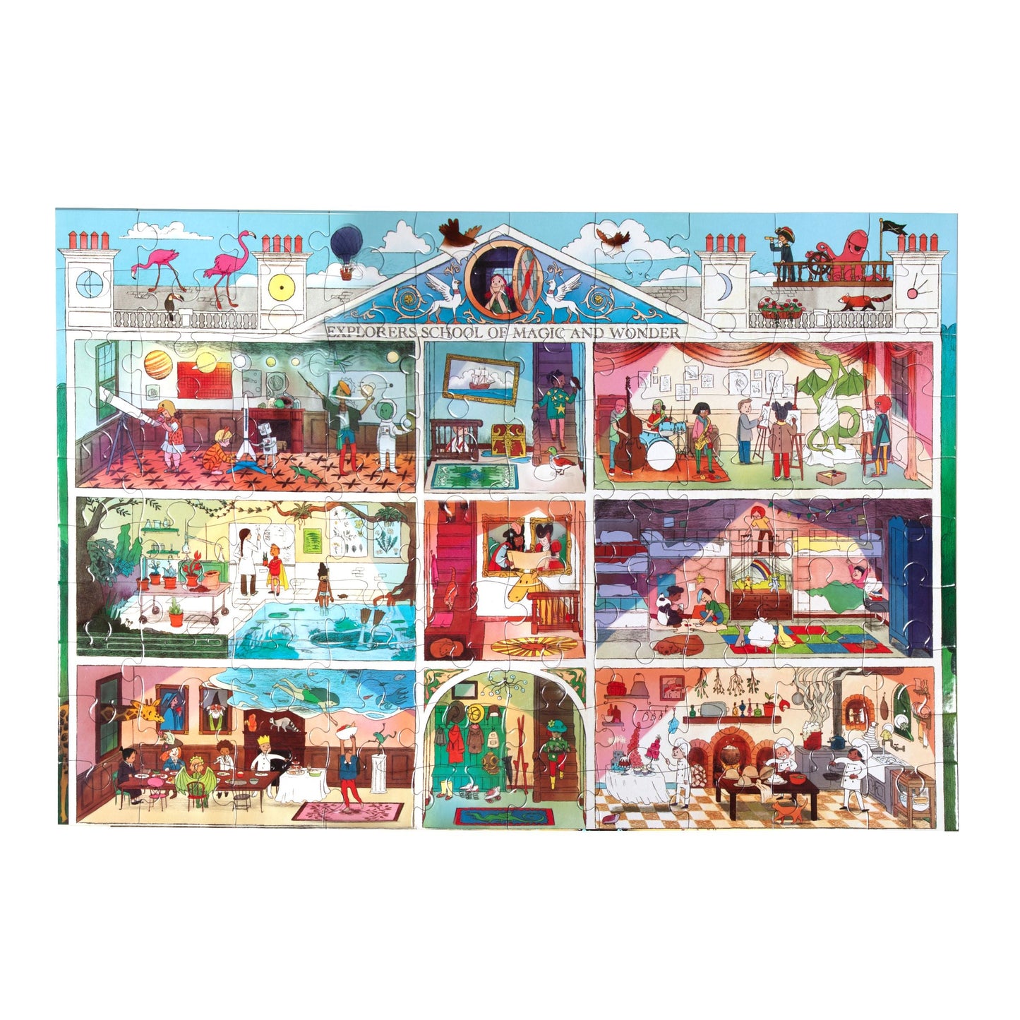 Illustrated school building with various rooms and activities. Explorers_School_of_Magic_100_Piece_Puzzle_