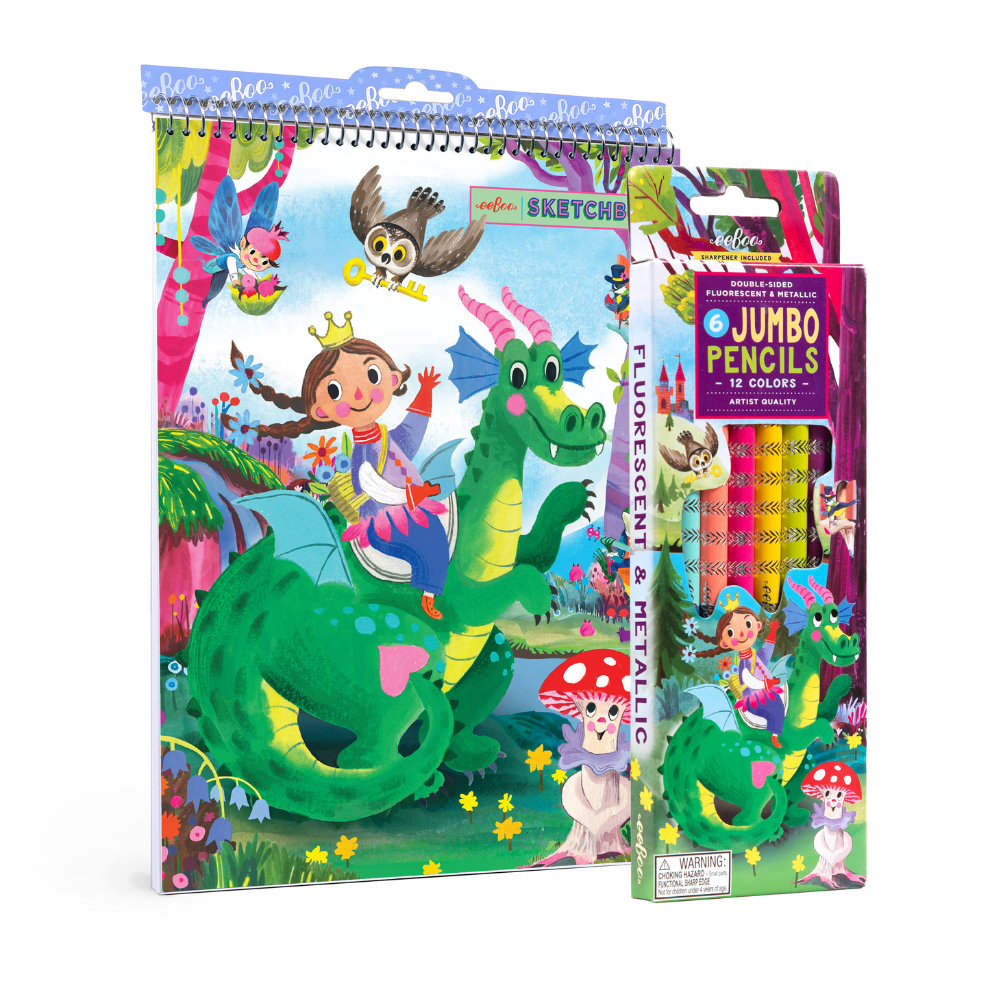 Children's art supplies set with a sketchbook and jumbo pencils featuring a fairy and dragon design.