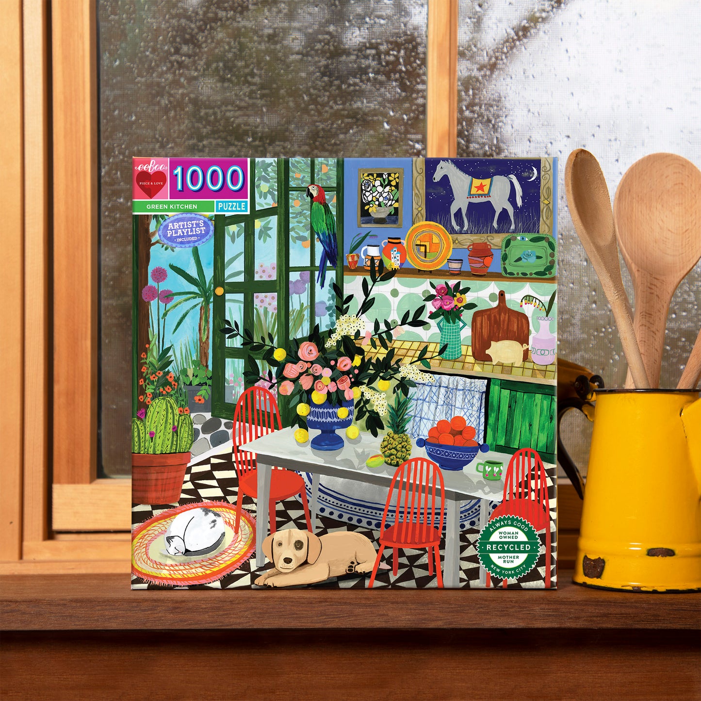 Green Kitchen 1000 Piece Jigsaw Puzzle | eeBoo Piece & Love | Cottagecore Gifts for Women Mom Wife