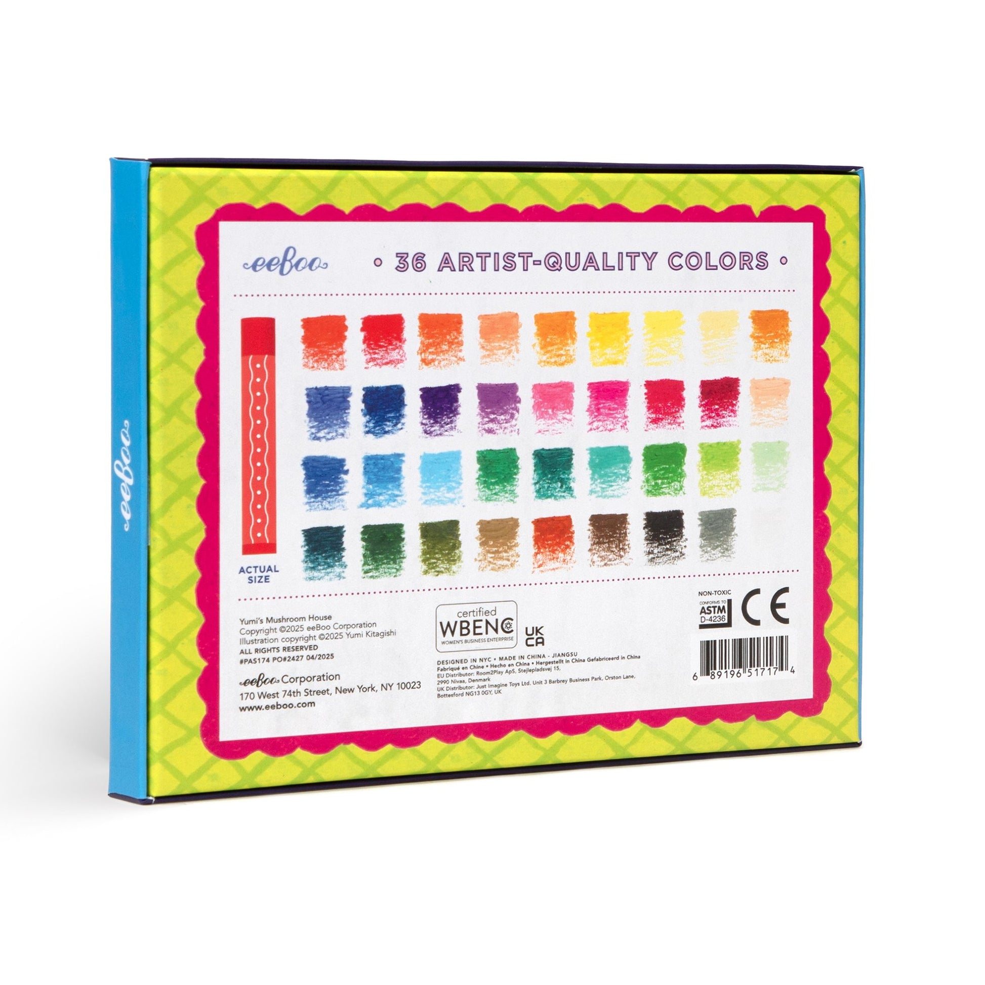 Box of artist-quality colors with color swatches. Yumi's Mushroom House 36 Oil Pastels by eeBoo | Unique Fun Gifts