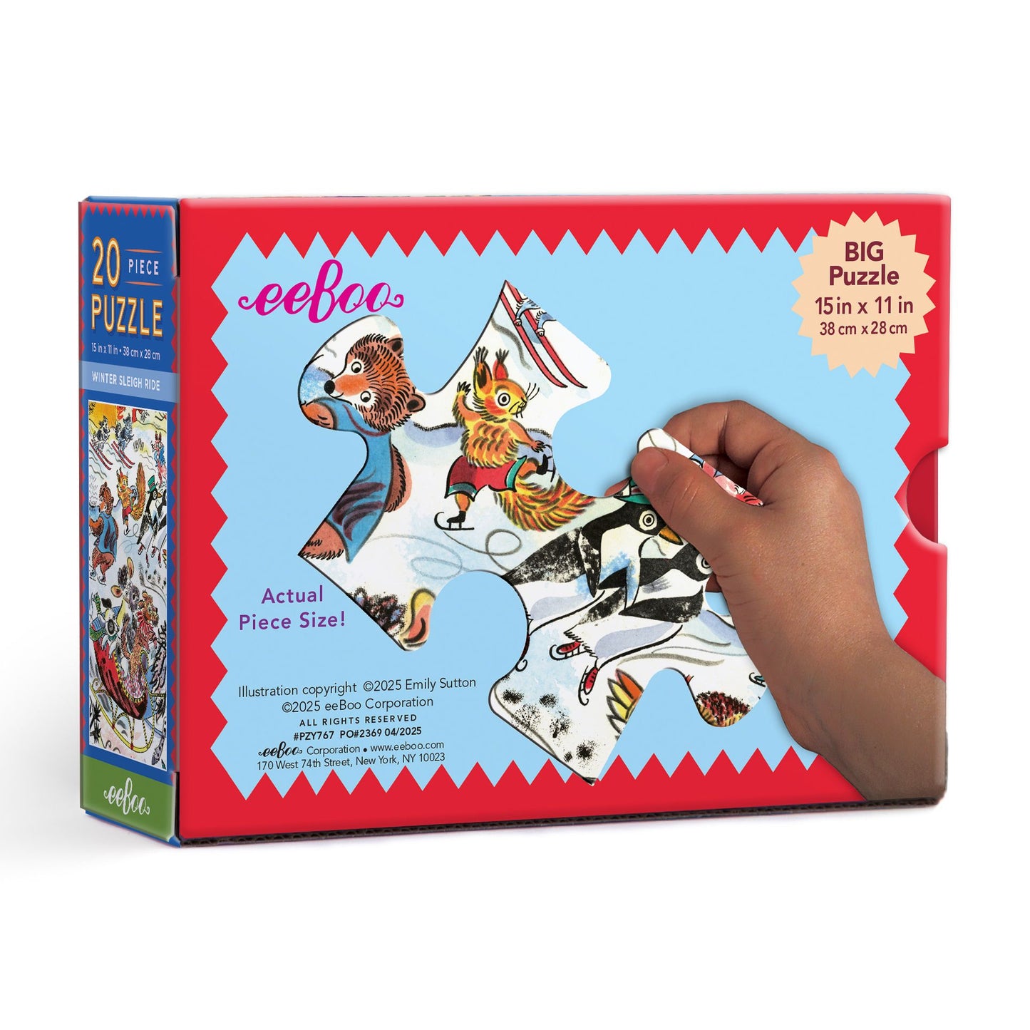 puzzle box with a hand holding a piece of the puzzle. Winter Sleigh Ride 20 Piece Puzzle by eeBoo | Unique Fun Gifts
