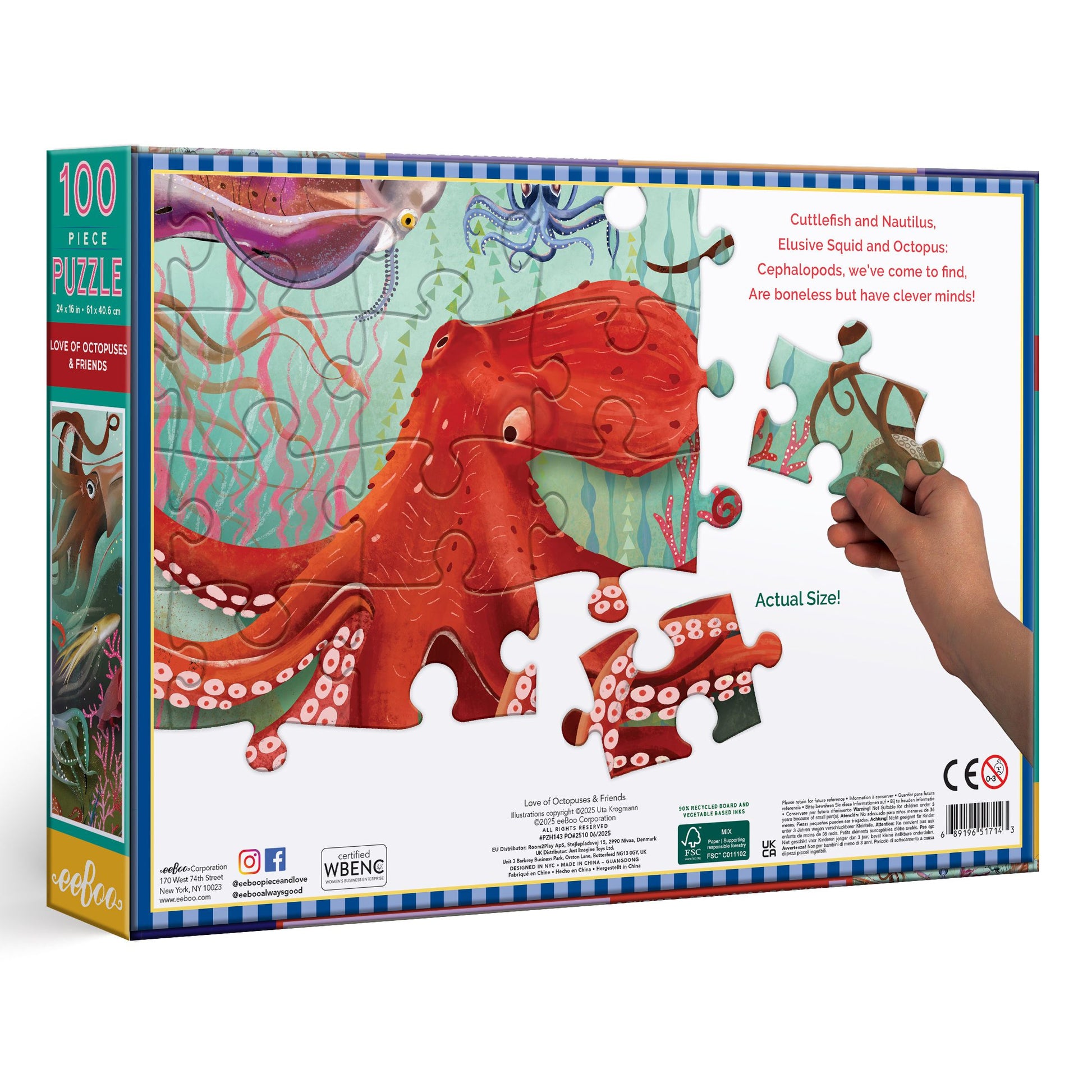 Jigsaw puzzle packaging with an octopus design and a hand holding a piece.