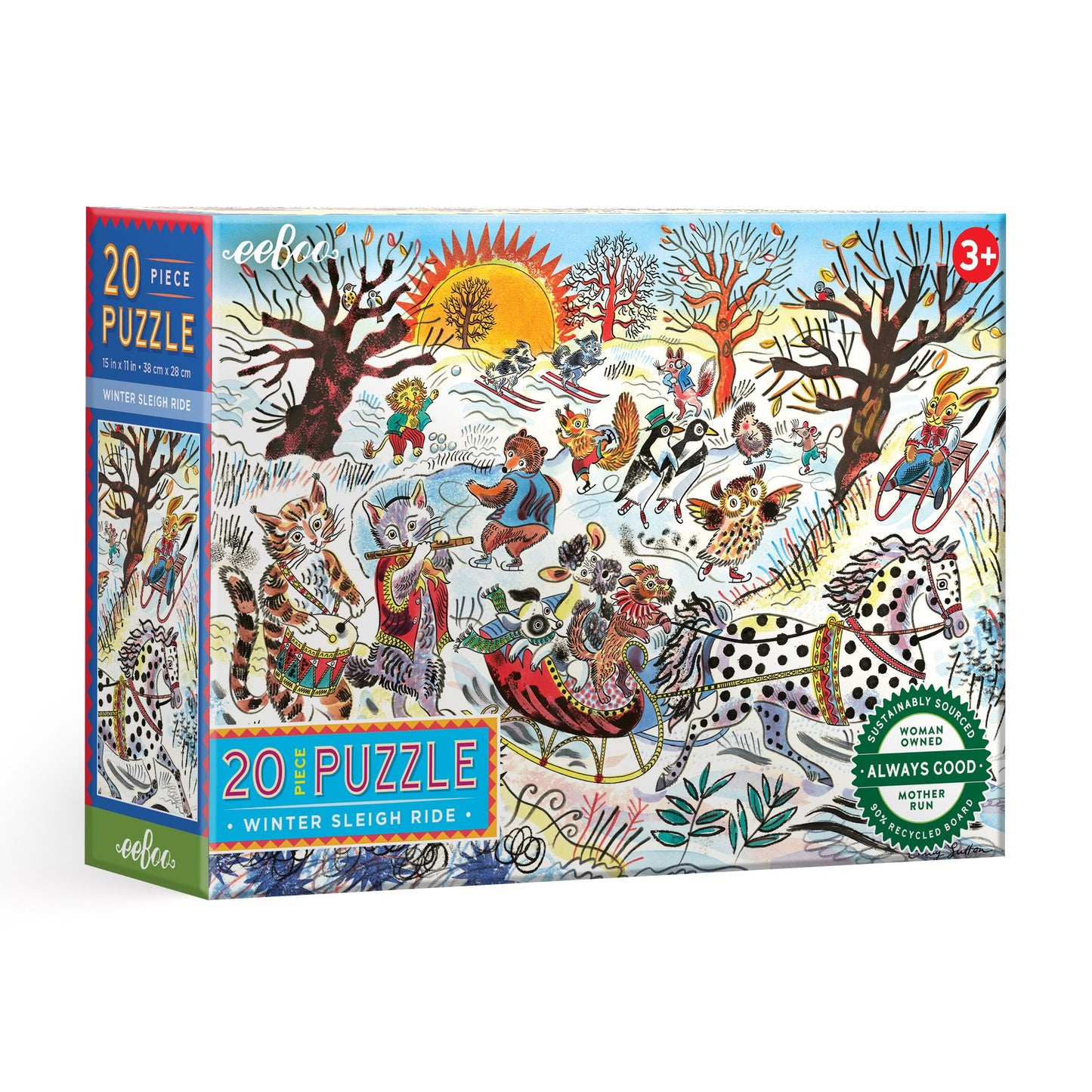 Puzzle box with winter scene design featuring animals and sleighs. Winter Sleigh Ride 20 Piece Puzzle by eeBoo | Unique Fun Gifts