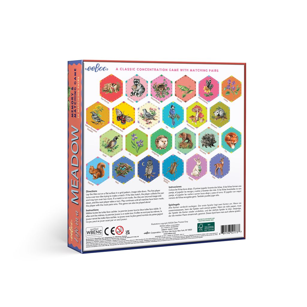 Board game box with hexagonal tiles featuring animal illustrations Life in a Meadow Matching Game
