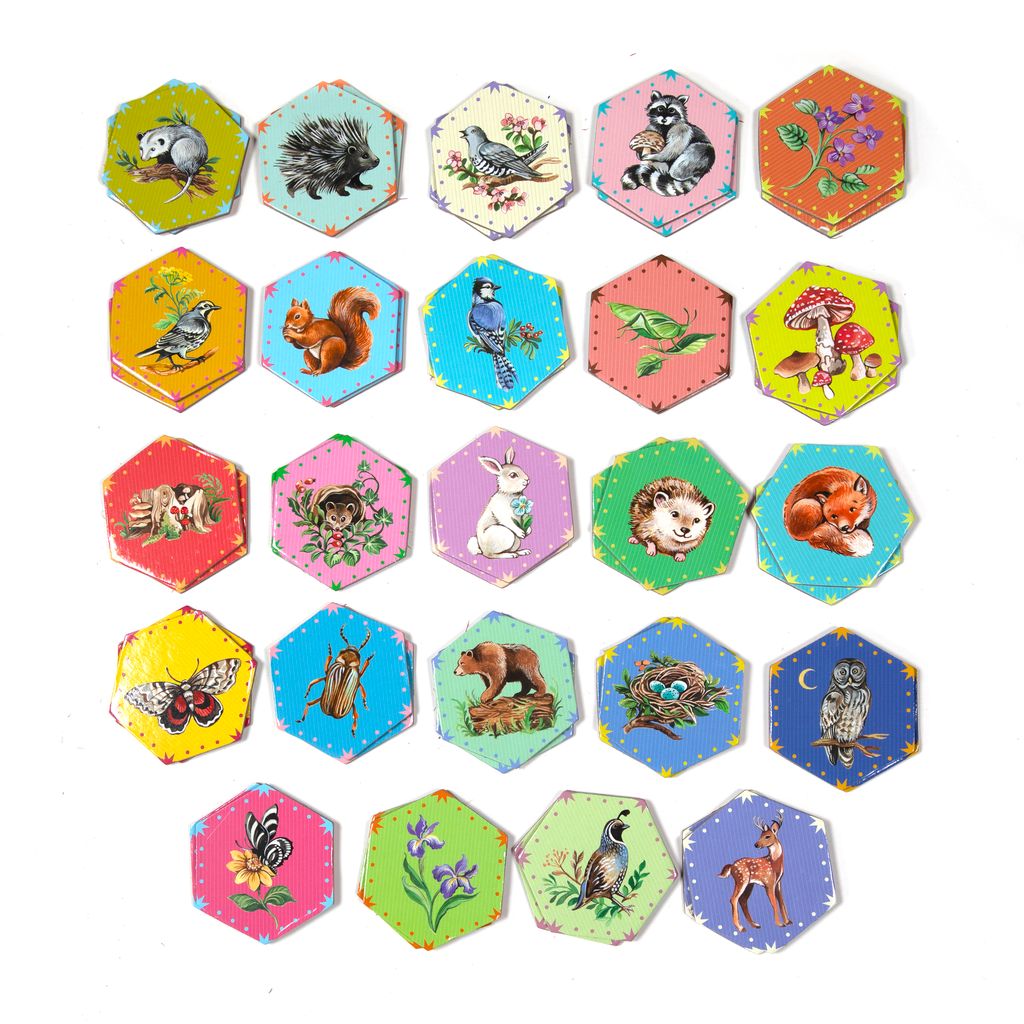 Hexagonal animal-themed tiles for Life in a Meadow Matching Game