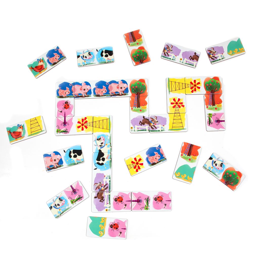 Children's educational puzzle with cartoon animals. Little Farm Head to Toe Dominoes