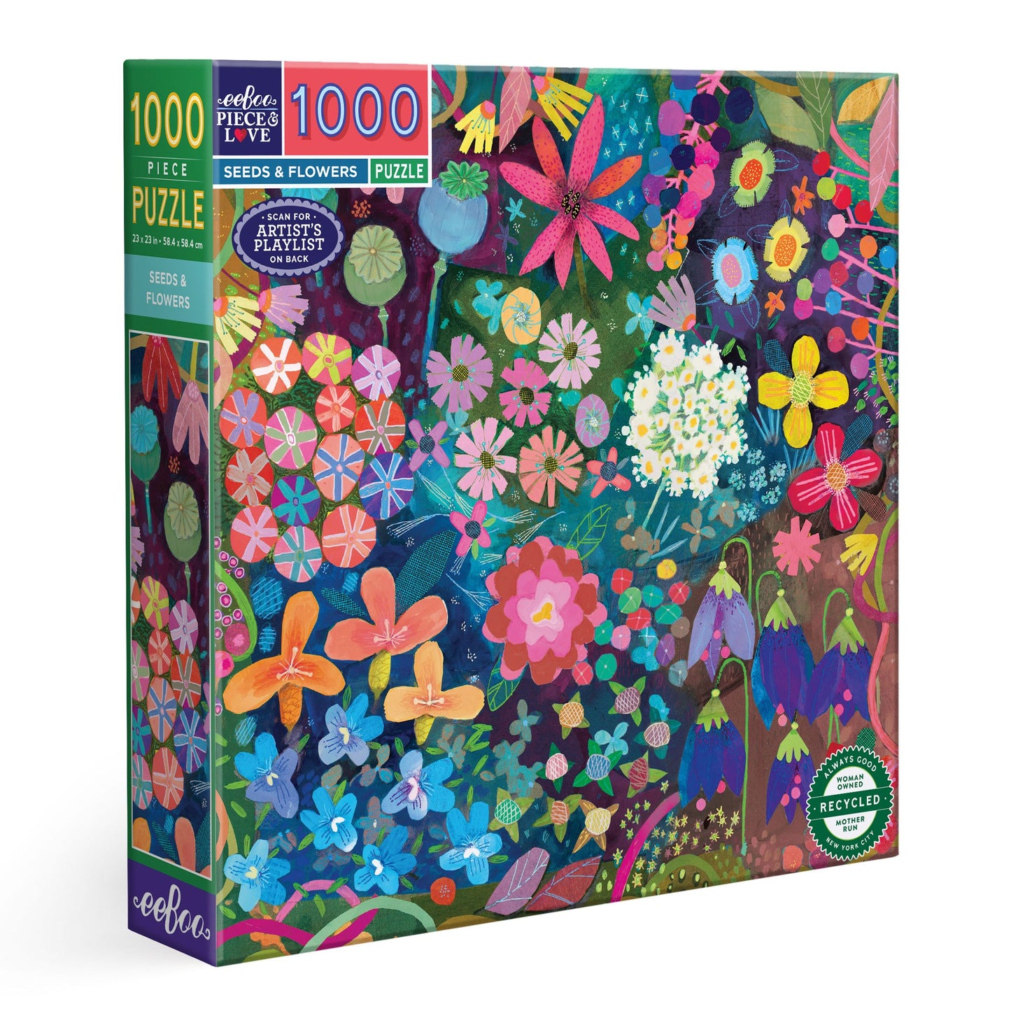 Colorful puzzle box with floral design. Seeds & Flowers 1000 Piece Puzzle by eeBoo | Unique Beautiful Gifts