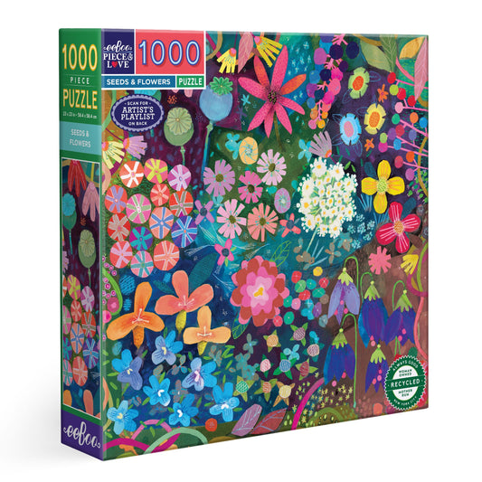 Colorful puzzle box with floral design. Seeds & Flowers 1000 Piece Puzzle by eeBoo | Unique Beautiful Gifts