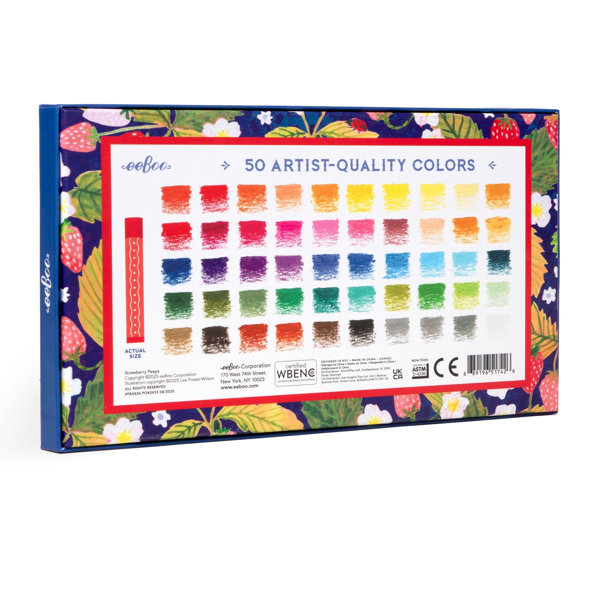 Box of watercolor pencils with color swatches on a floral background. Strawberry Peeps 50 Oil Pastels by eeBoo | Unique Beautiful Gifts