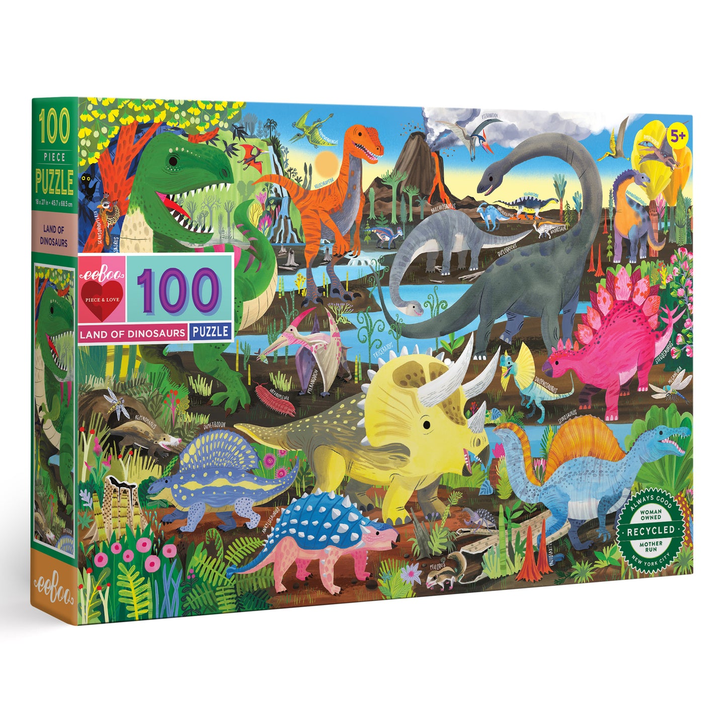 Land of Dinosaurs 100 Piece Jigsaw Puzzle | eeBoo Amazing Dino Gifts for Kindergartner Kids Age 5+