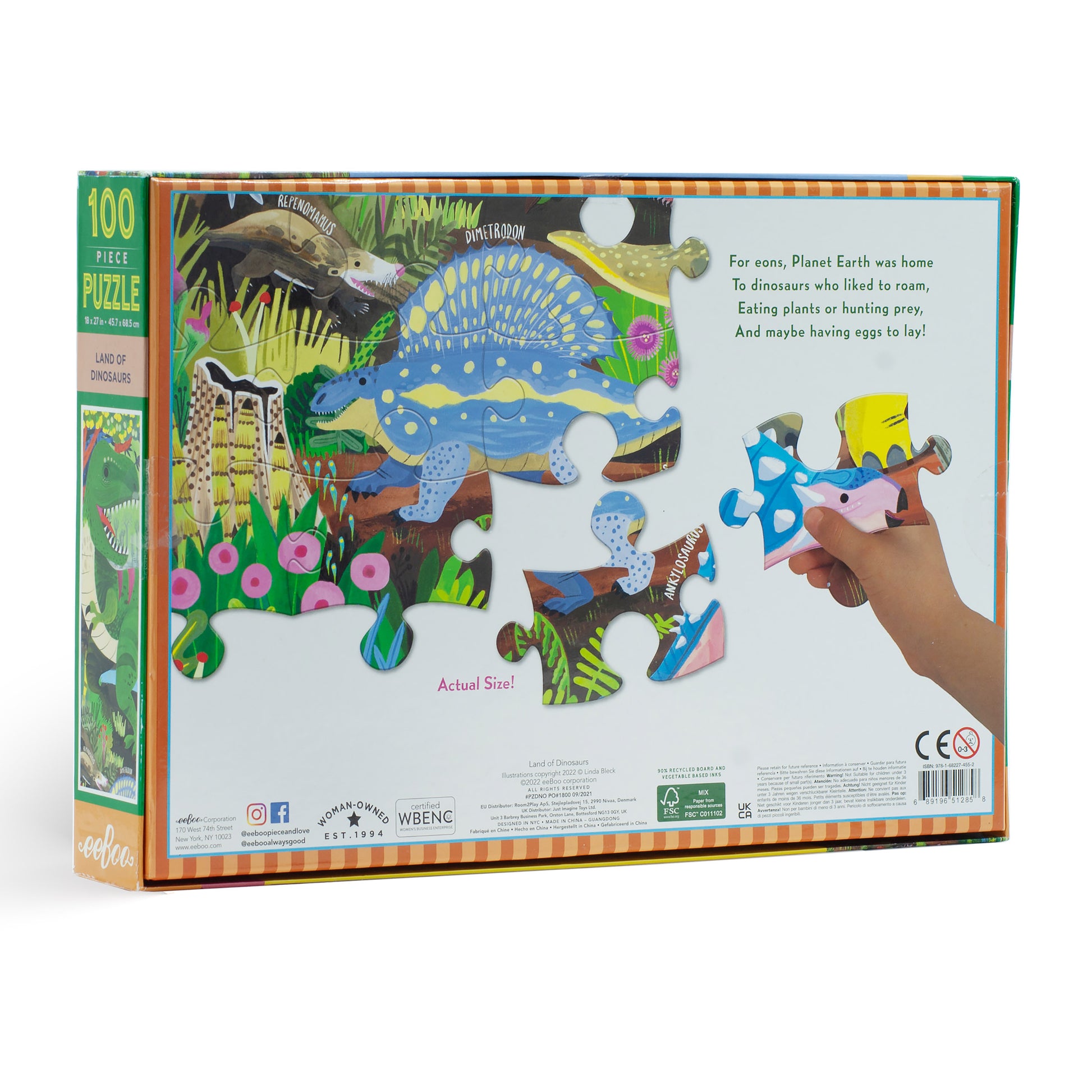 Land of Dinosaurs 100 Piece Jigsaw Puzzle | eeBoo Amazing Dino Gifts for Kindergartner Kids Age 5+