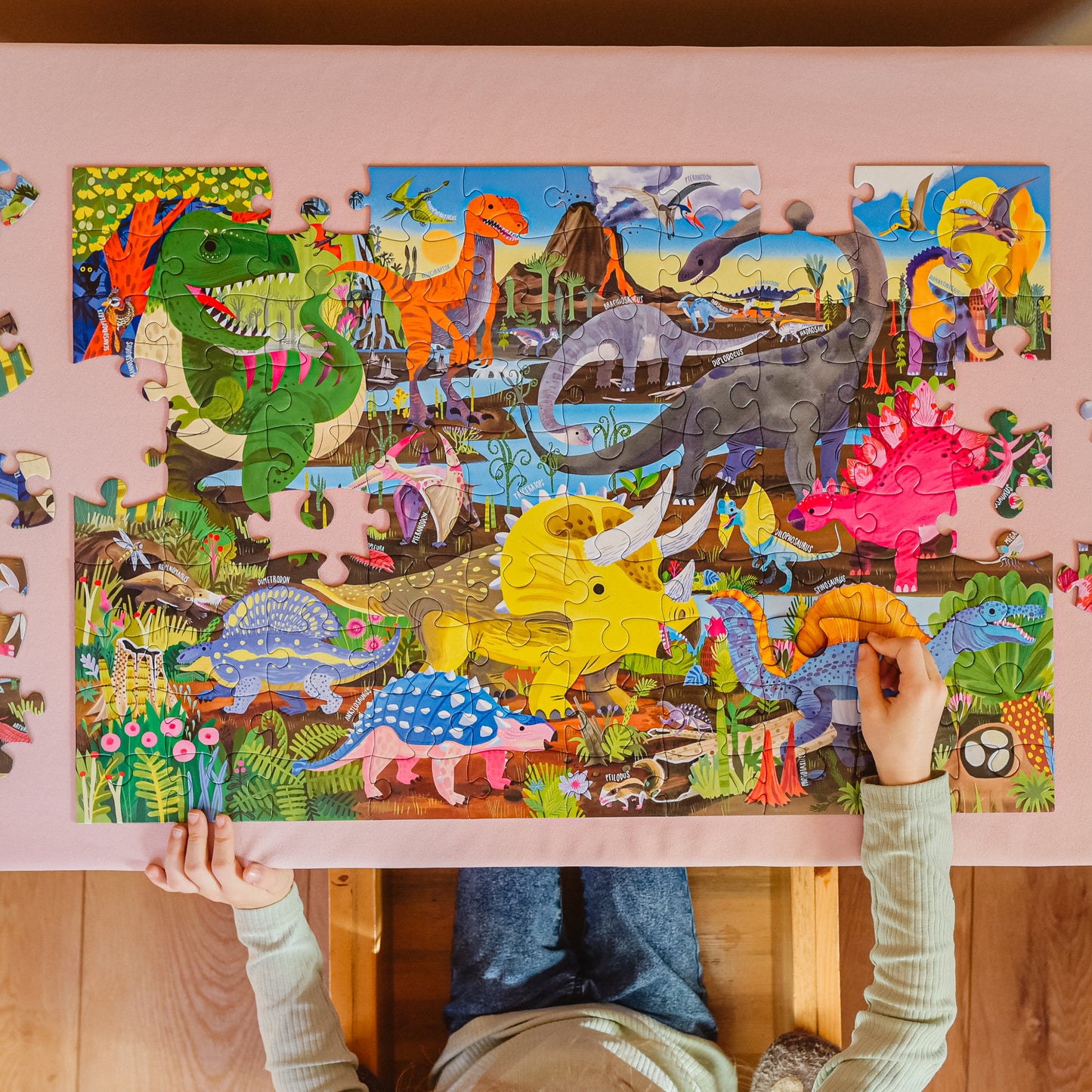 Land of Dinosaurs 100 Piece Jigsaw Puzzle | eeBoo Amazing Dino Gifts for Kindergartner Kids Age 5+