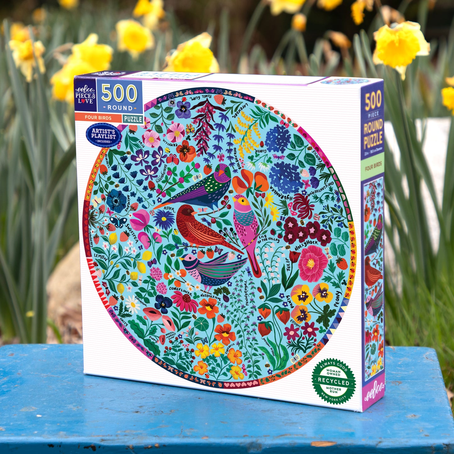 Four Birds & Florals 500 Piece Round Jigsaw Puzzle | Unique Beautiful Gifts for Mom
