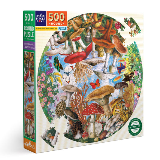 Mushrooms and Butterflies 500 Piece Round Puzzle by eeBoo | Cottagecore gifts