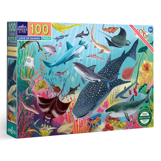 Love of Sharks 100 Piece Ocean Jigsaw Puzzle | Perfect Gift for Kids 5+ Swim with hammerheads, whale, stingrays, and great white sharks