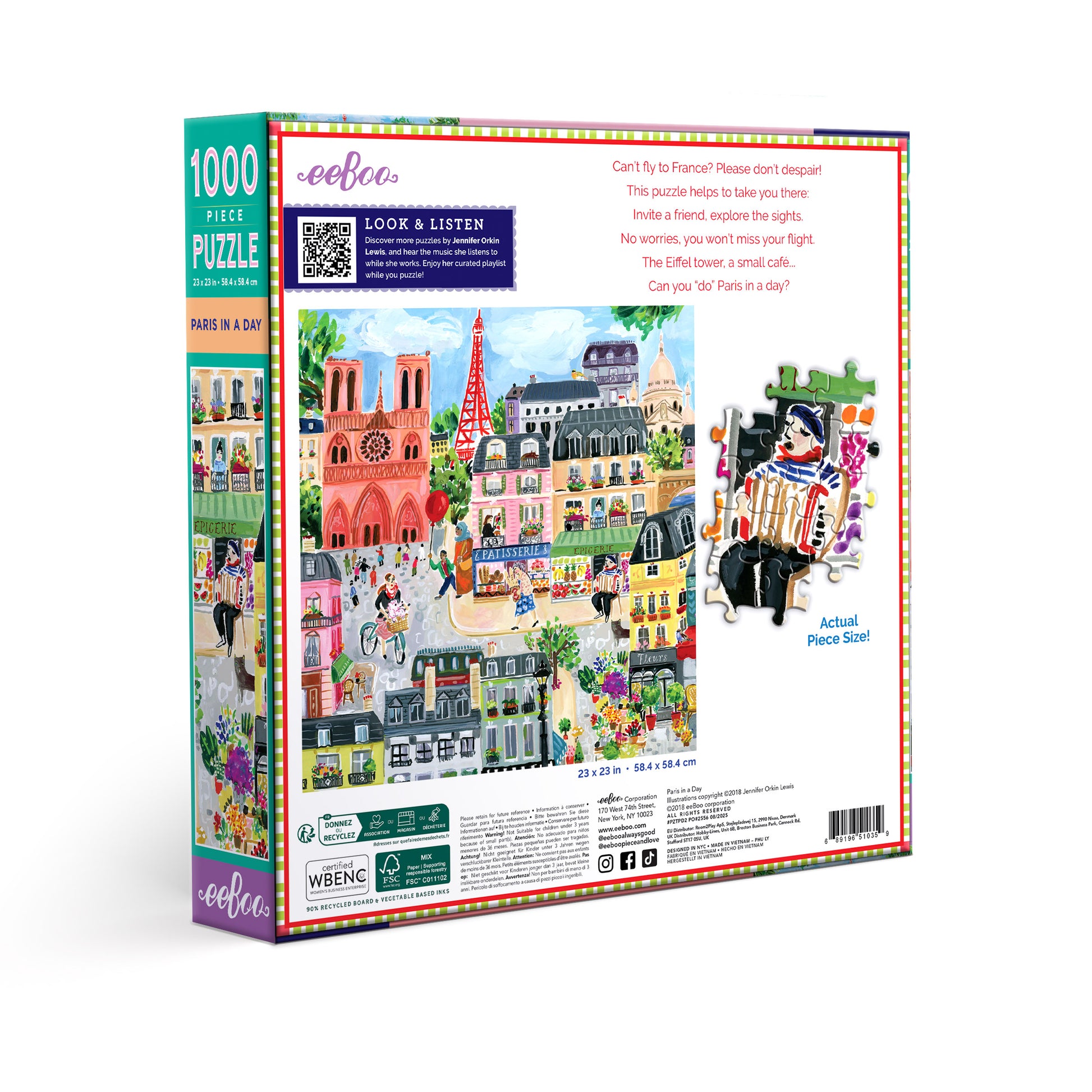 Jigsaw puzzle box with colorful illustration of a city scene and eeboo branding.