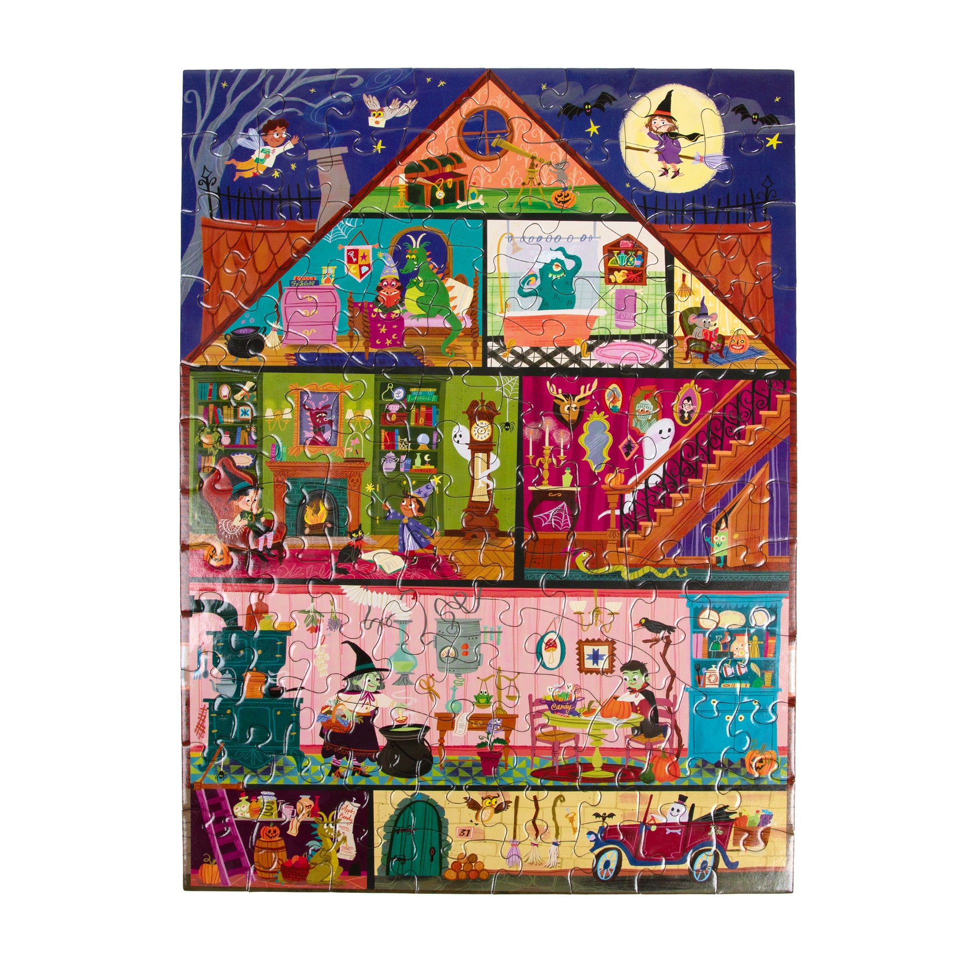 Colorful puzzle with illustrated scenes of a witch's house and characters.