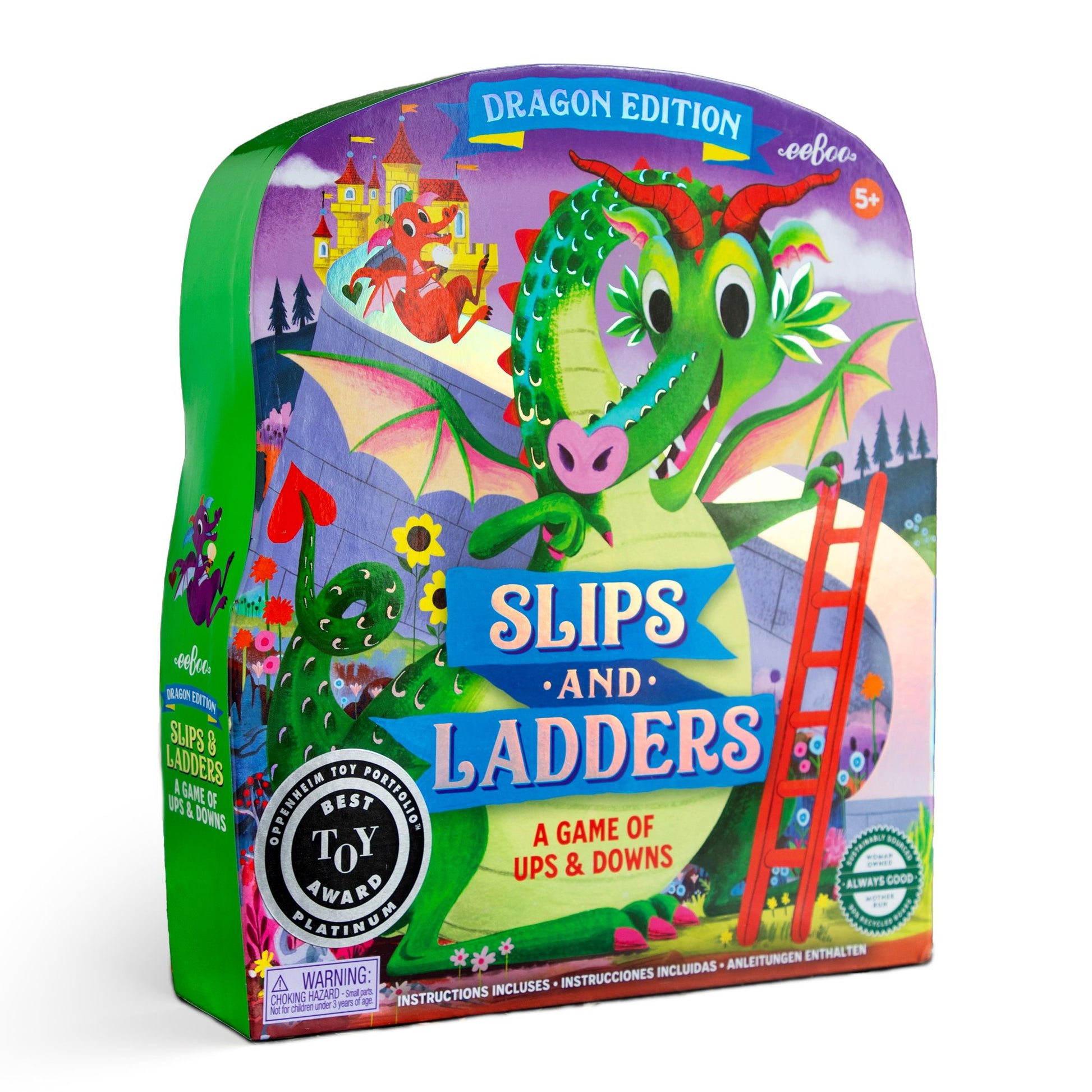 Slips and Ladders game box with dragon illustration. Slips & Ladders Award Winning Game