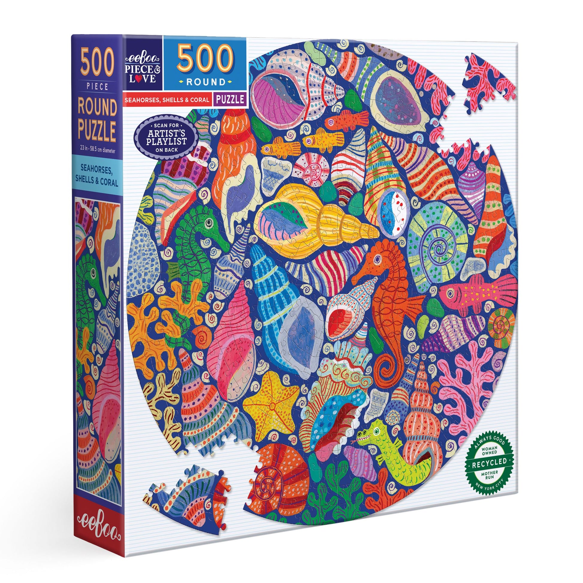 Colorful round puzzle with sea-themed design. Seahorses, Shells & Coral 500 Round Puzzle by eeBoo | Unique Beautiful Gifts