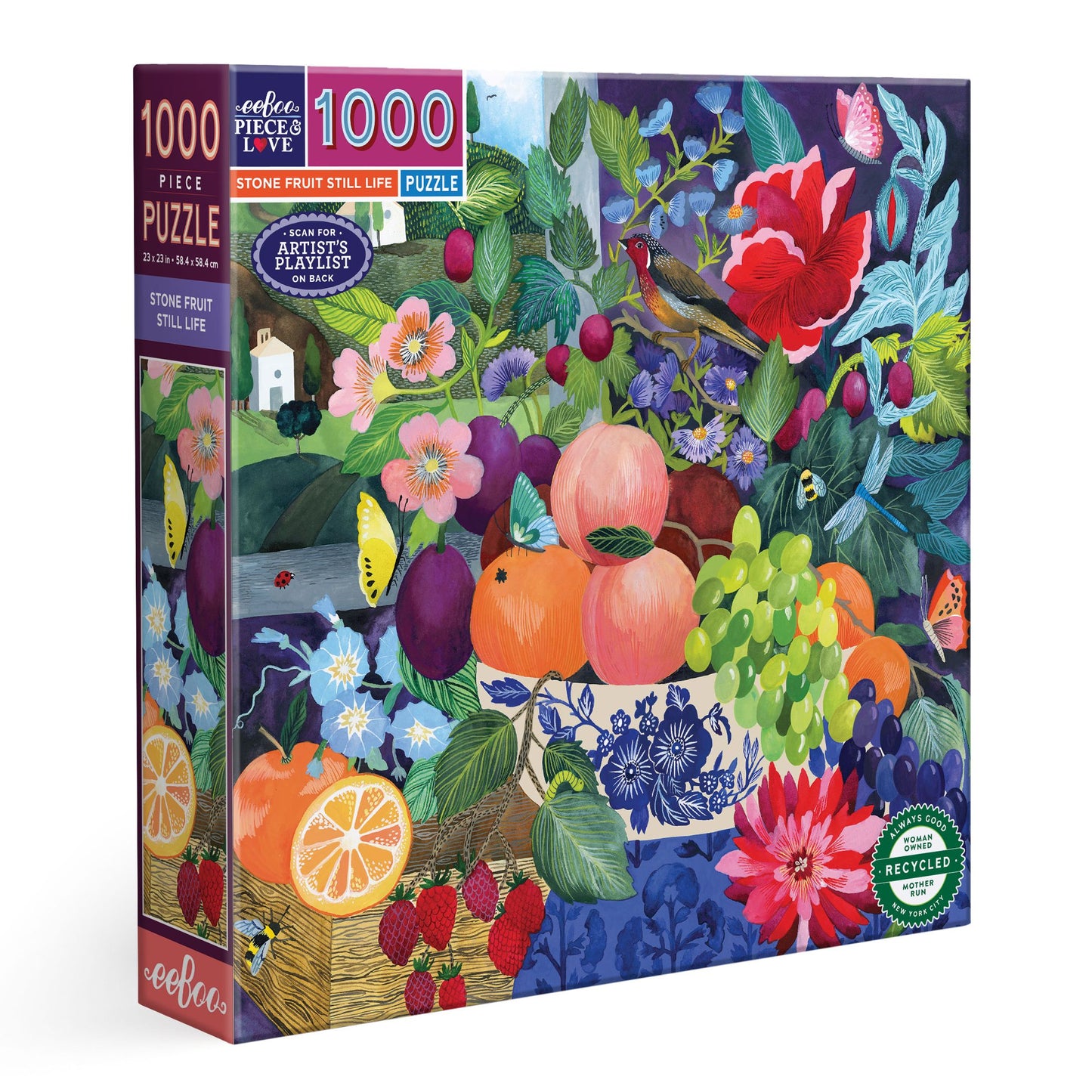 Jigsaw puzzle with colorful fruit and floral design. Stone Fruit Still Life 1000 Piece Puzzle by eeBoo | Unique Beautiful Gifts