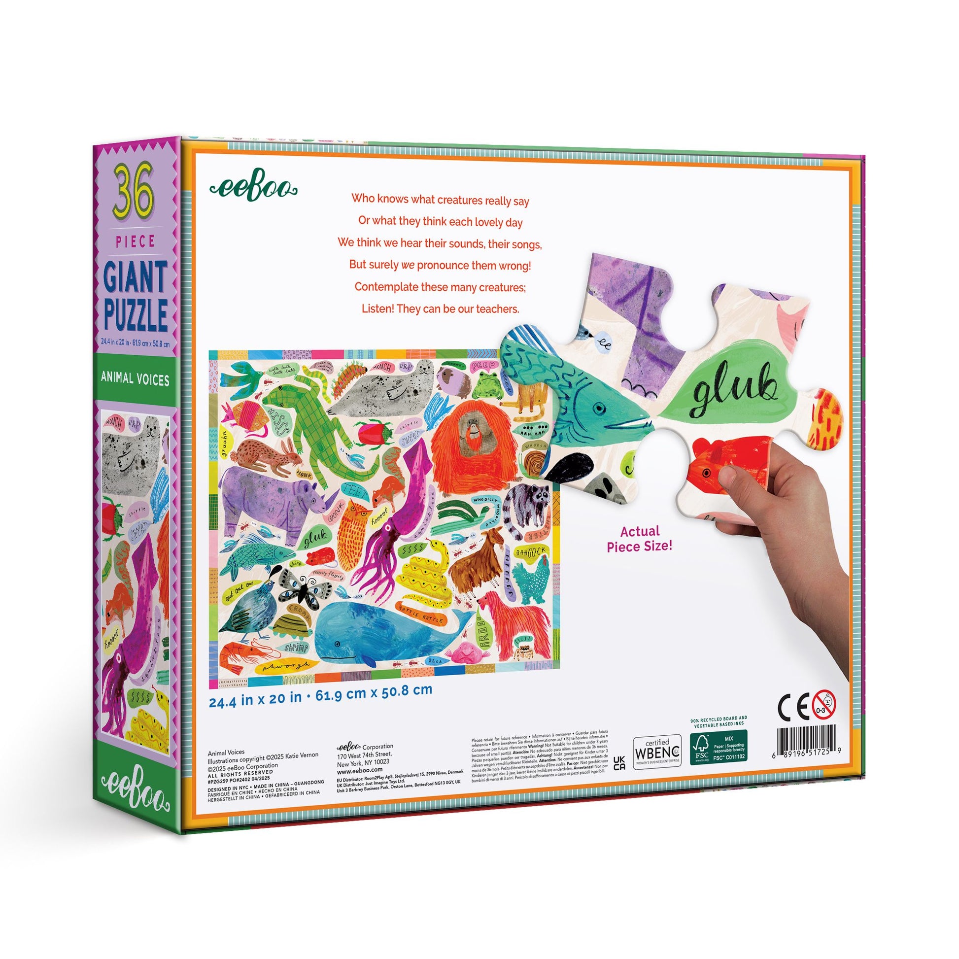 Giant puzzle box with colorful animal illustrations and a hand holding a piece. animal-voices-36-piece-giant-puzzle
