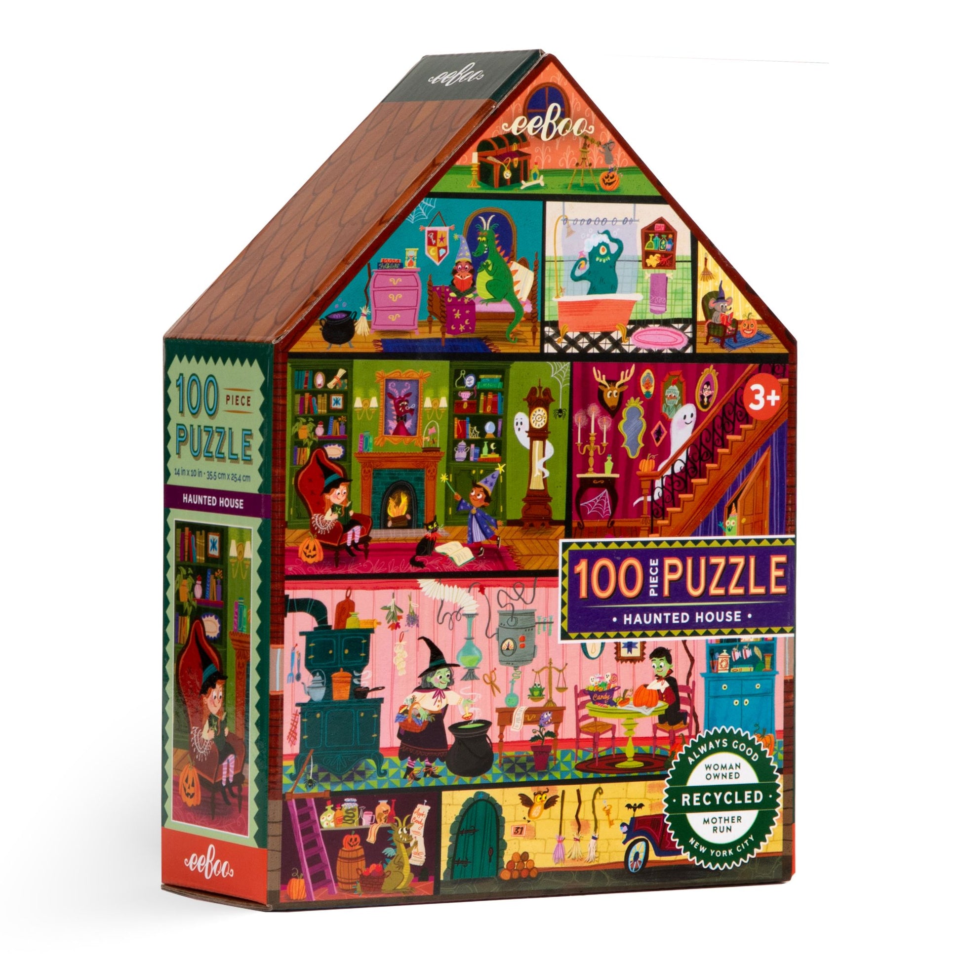 House-shaped puzzle box with colorful design. Haunted House 100 Piece Puzzle by eeBoo | Unique Fun Gifts