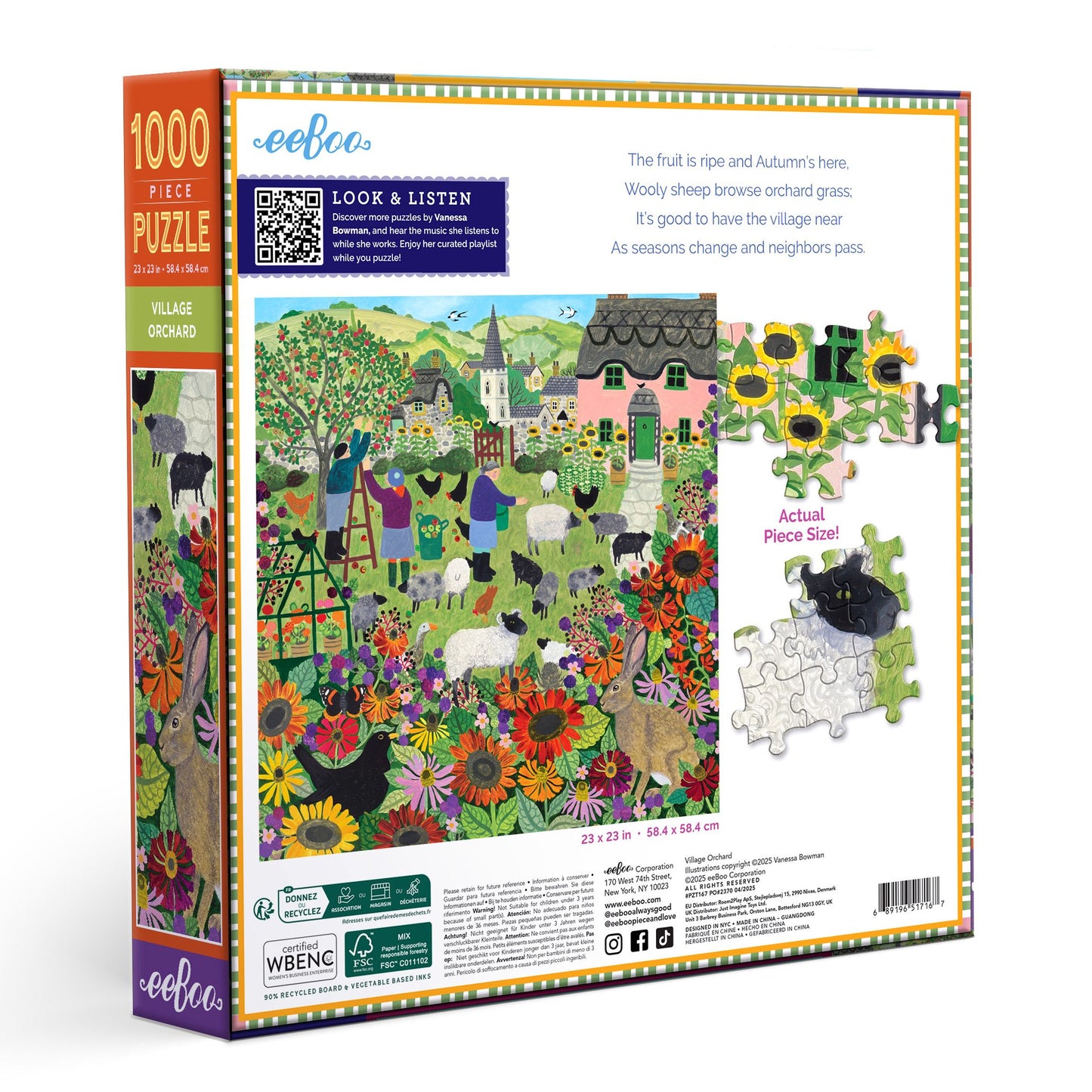 Puzzle box with colorful illustration of a village scene. Village Orchard 1000 Piece Puzzle by eeBoo | Unique Beautiful Gifts