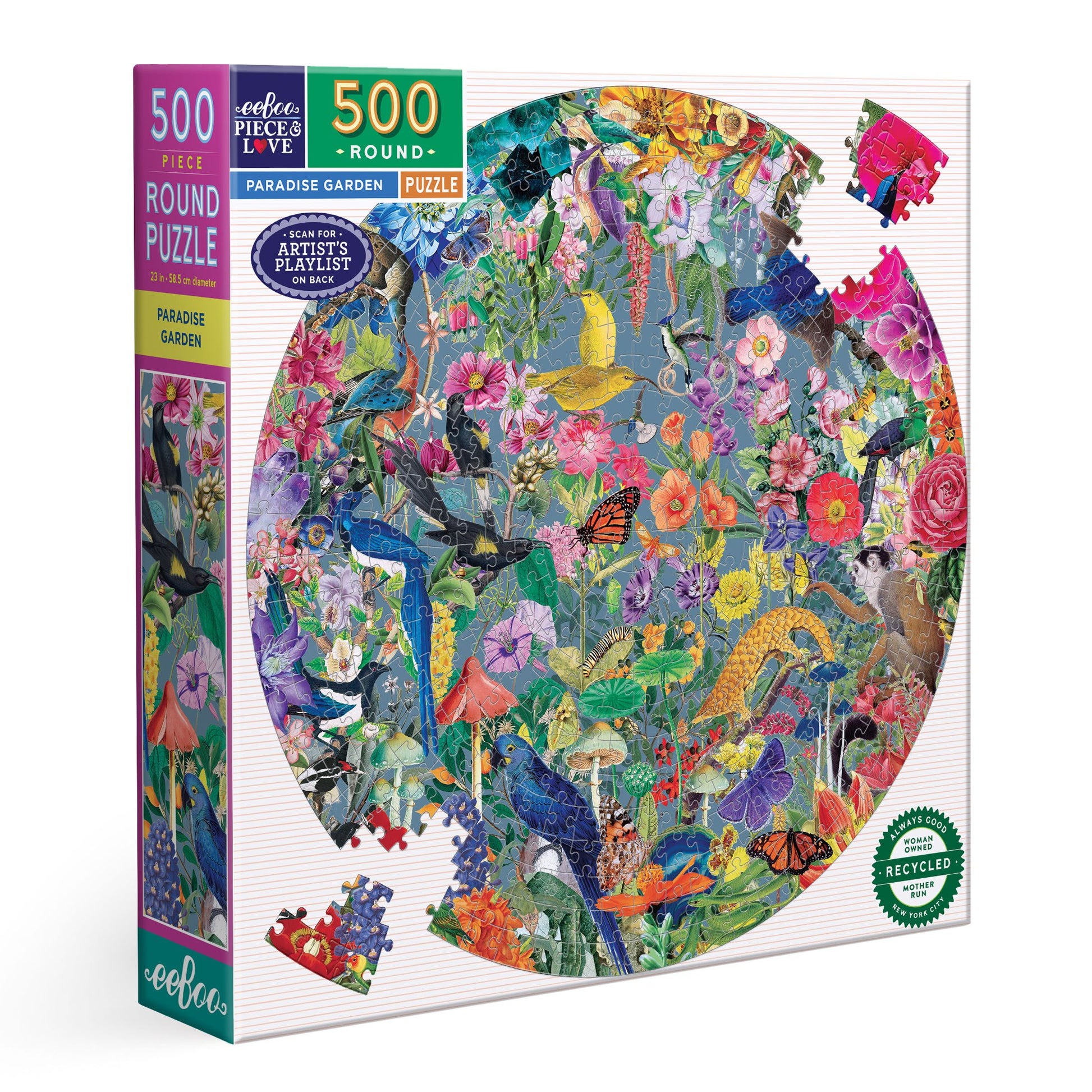 Round puzzle with colorful design of birds and flowers. Paradise Garden 500 Round Puzzle by eeBoo | Unique Beautiful Gifts
