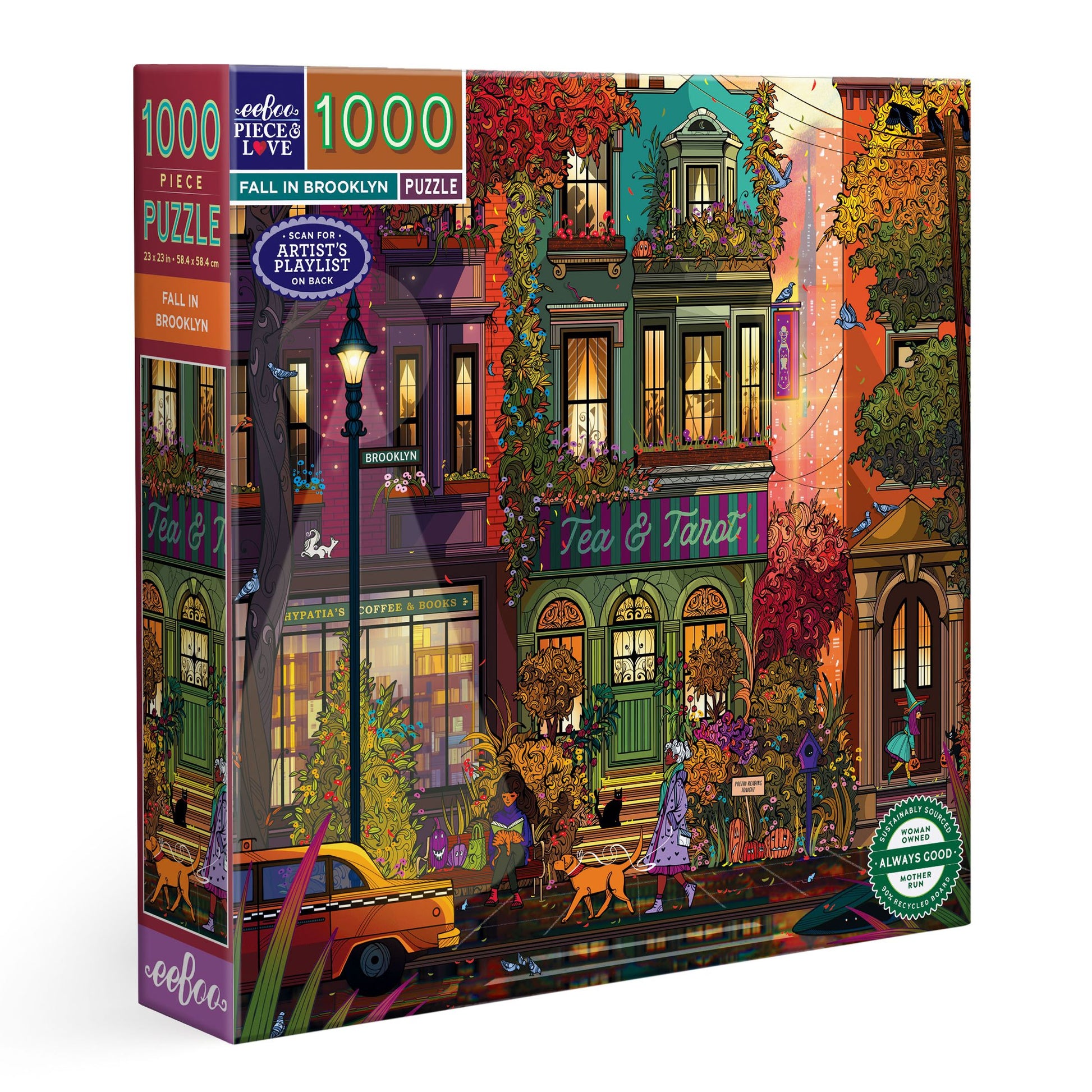 Jigsaw puzzle box with a colorful street scene design. fall-in-brooklyn-1000-piece-puzzle