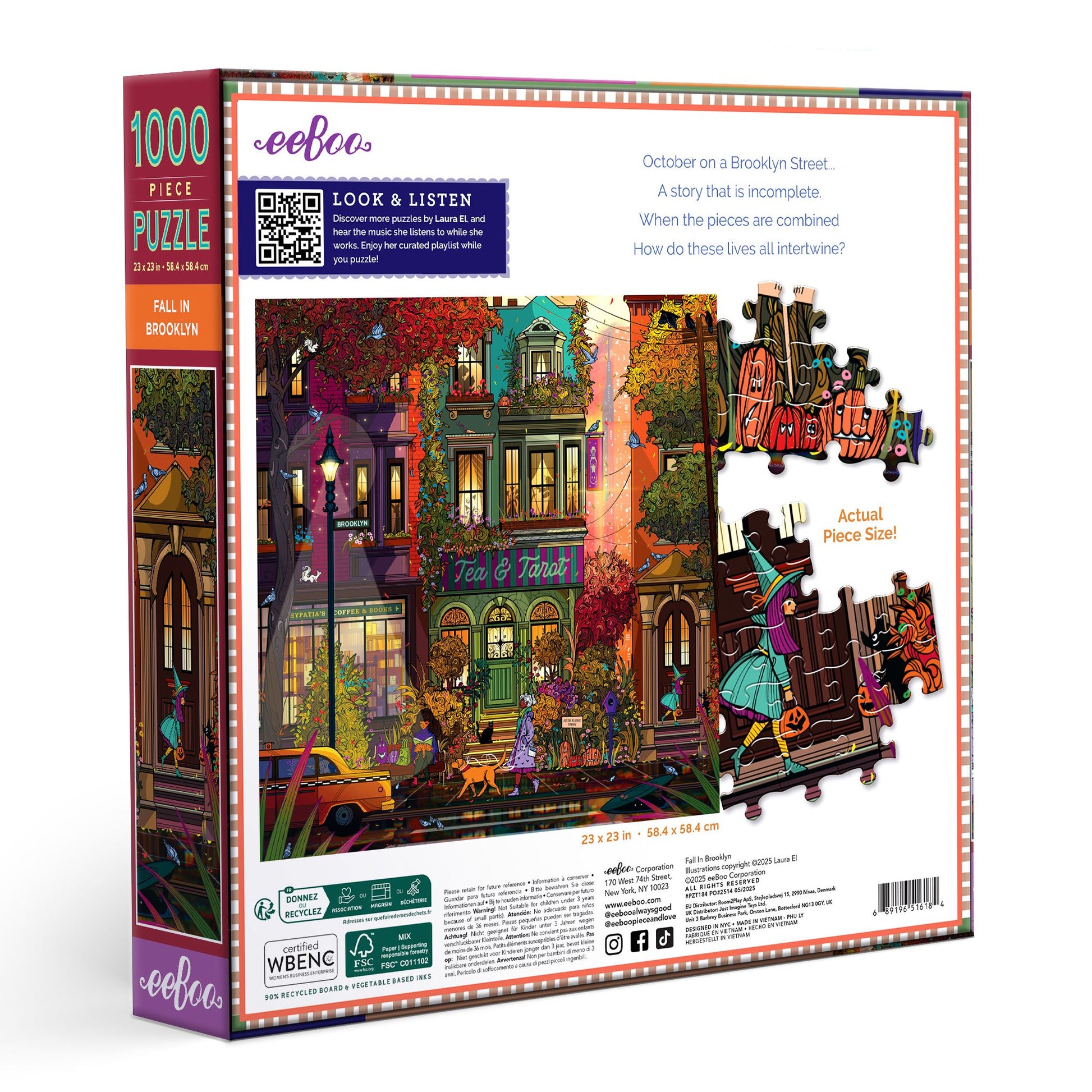 Eeboo 1000-piece puzzle box with colorful illustration of a street scene and building facades. fall-in-brooklyn-1000-piece-puzzle