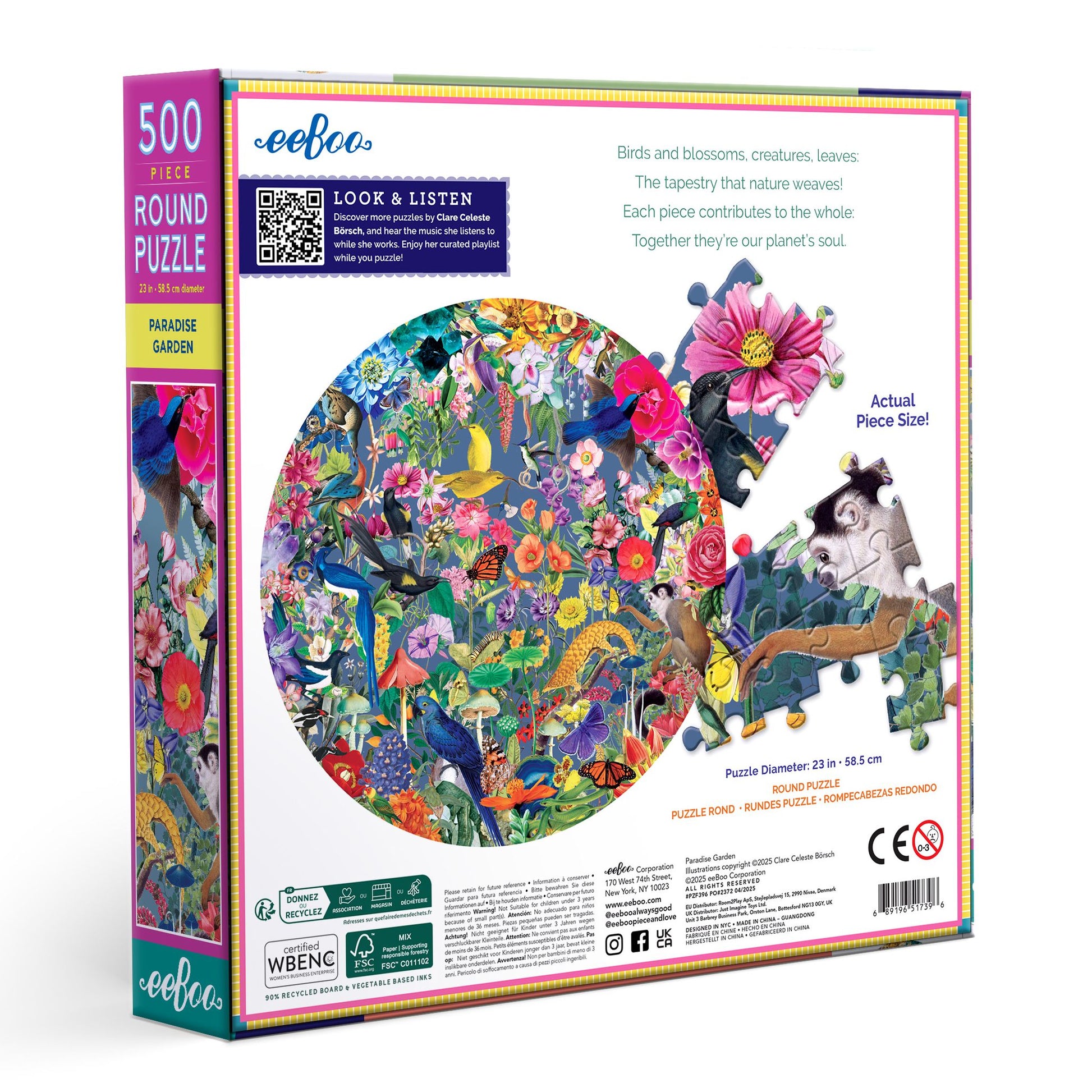Round puzzle packaging with colorful design. Paradise Garden 500 Round Puzzle by eeBoo | Unique Beautiful Gifts