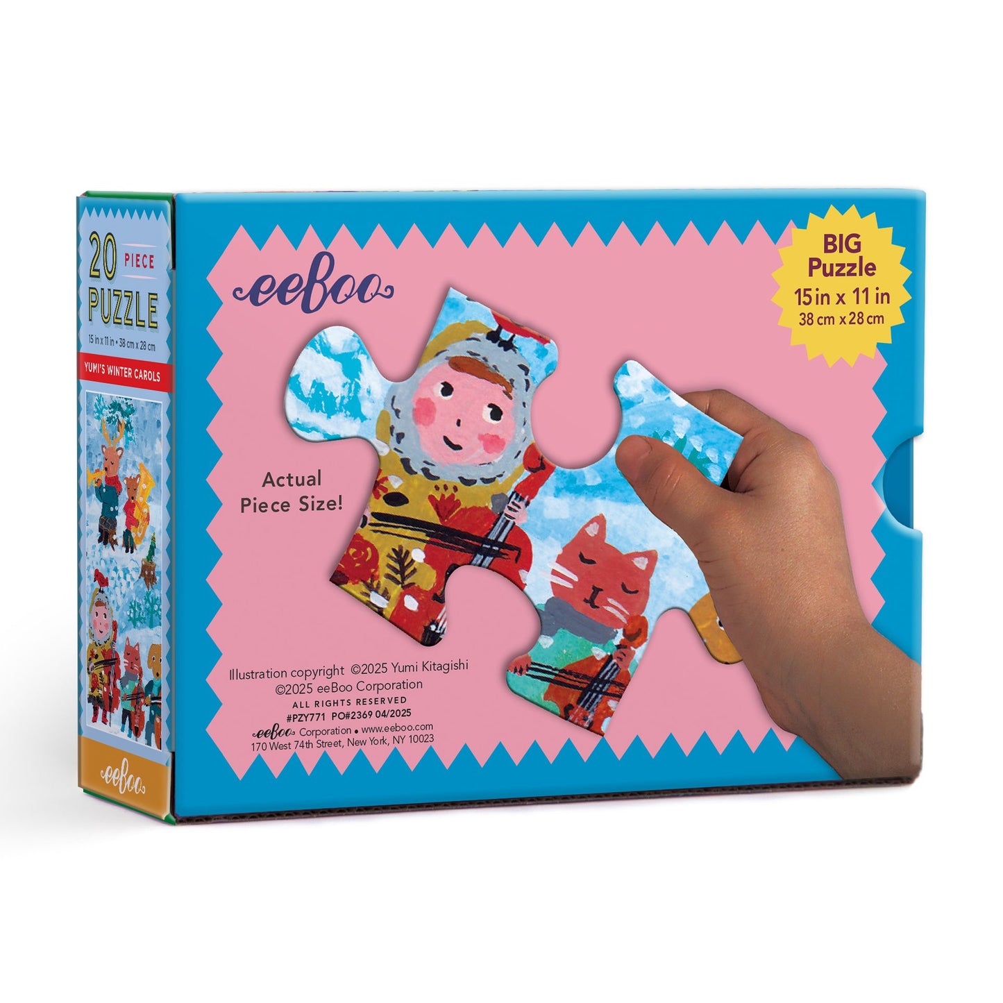 eeBoo puzzle packaging with a hand holding a piece. Yumi's Winter Carols 20 Piece Puzzle by eeBoo | Unique Fun Gifts
