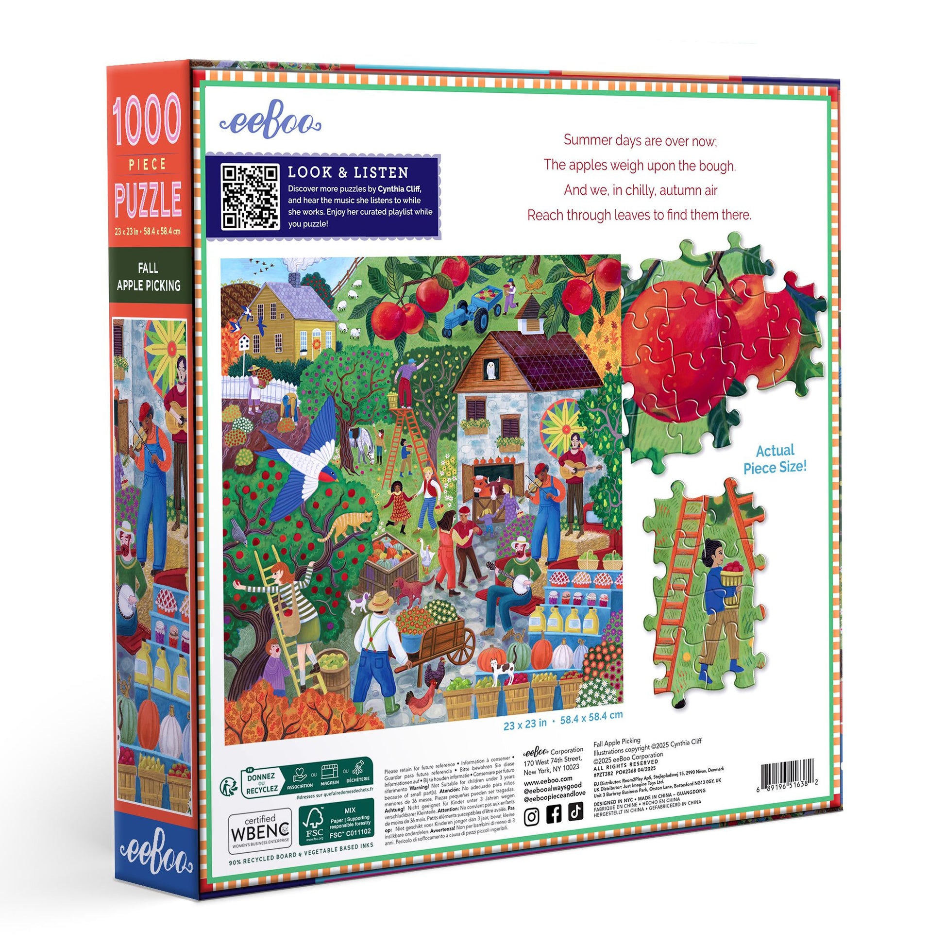 Puzzle box with colorful illustration of a fall apple picking scene and eeBoo branding. fall-apple-picking-1000-piece-puzzle