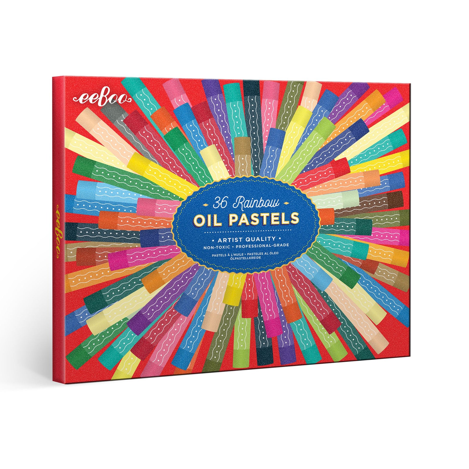 Box of 36 rainbow oil pastels with a colorful design. Rainbow 36 Oil Pastels by eeBoo | Unique Fun Gifts
